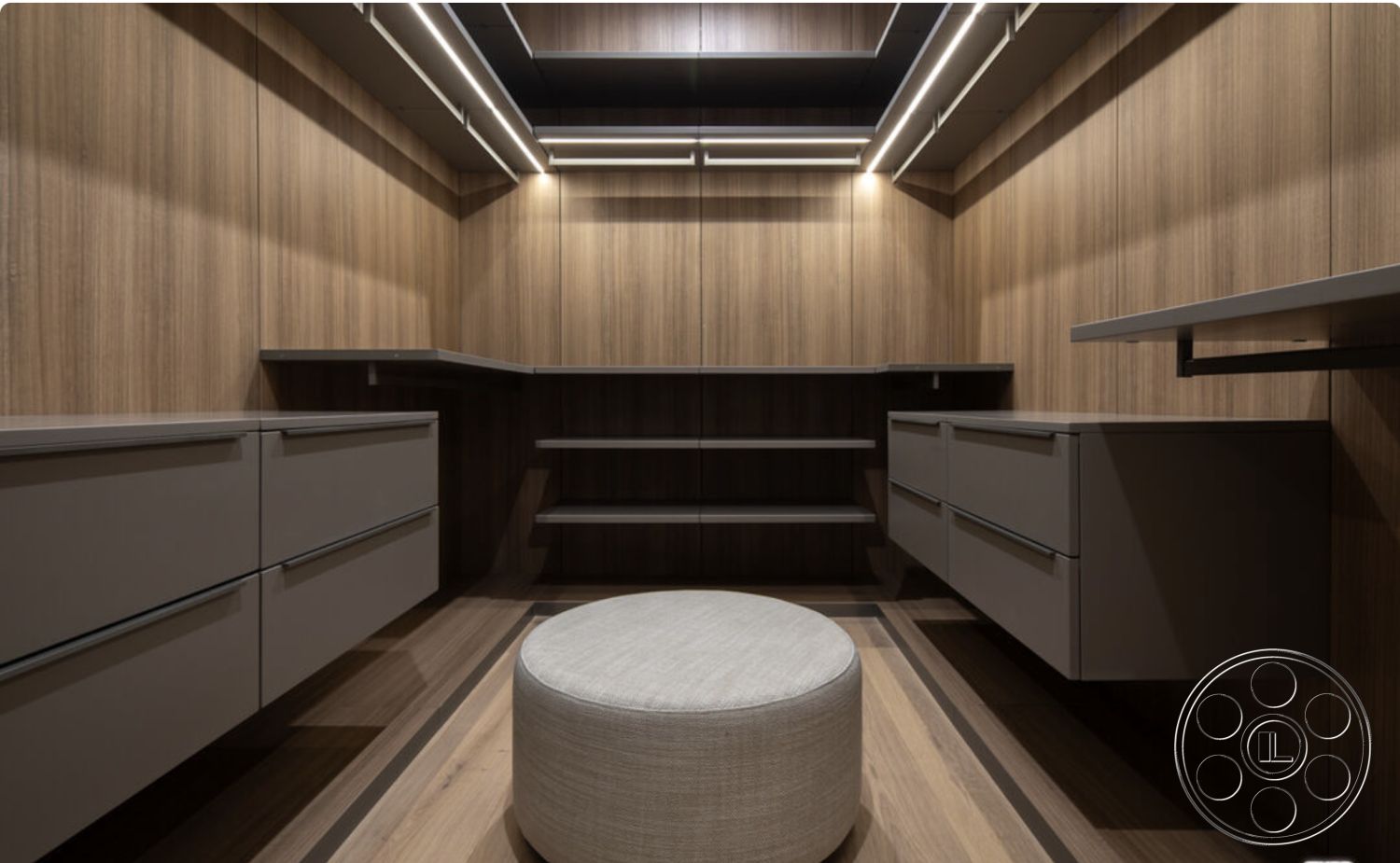 Modern 514 - neutral color palette, minimalist aesthetic, floating shelves, soft ambient lighting, built-in storage solutions, interior wardrobe space, textured wood panel walls, laminated cabinetry with sleek finish, round upholstered ottoman, striped hardwood flooring, modern closet design, recessed lighting design