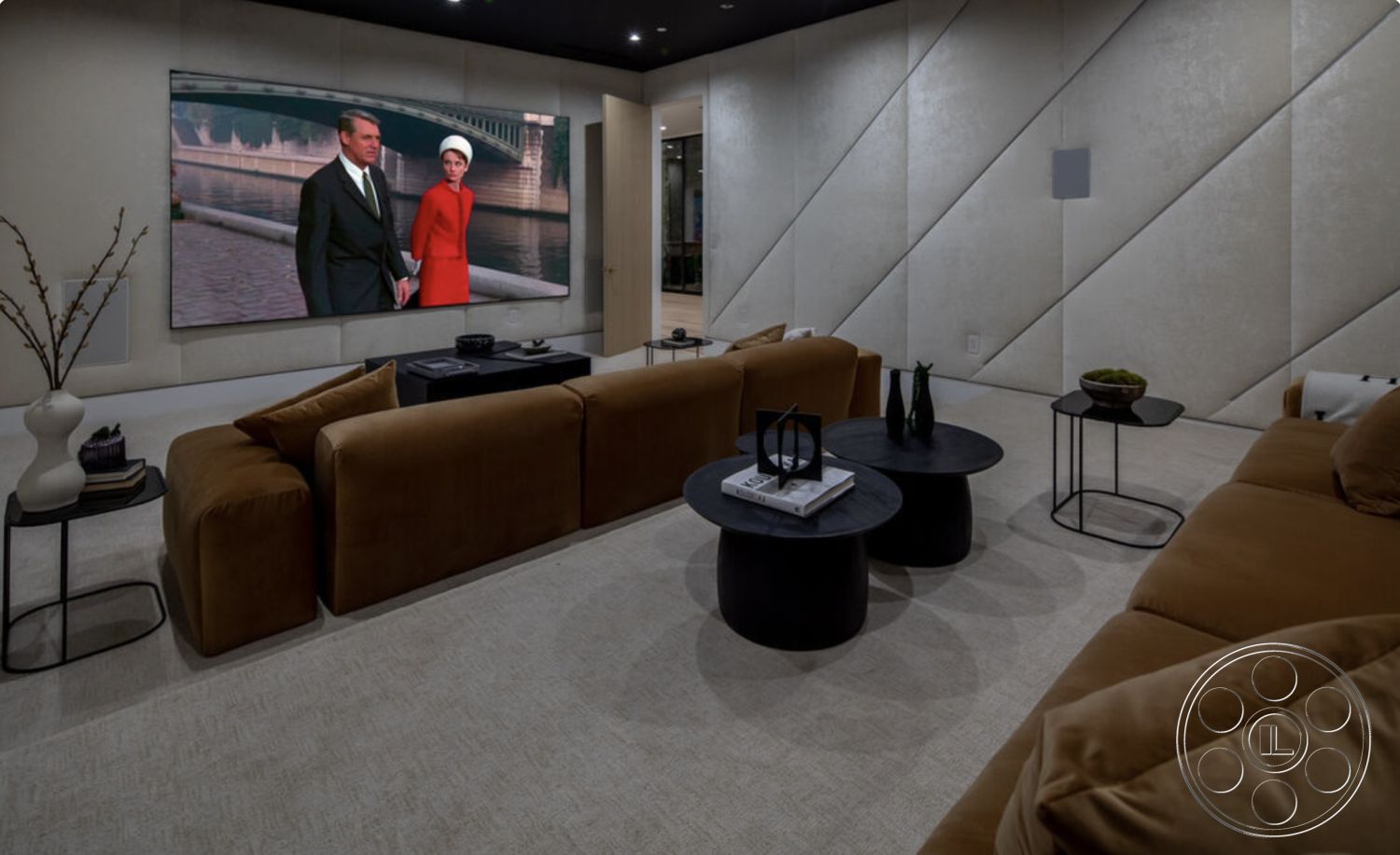 Modern 514 - neutral color palette, open space layout, modern aesthetic, textured wall panels, elegant ambiance, large flat-screen television, plush fabric sofa, recessed ceiling lights, interior living room, contemporary design style, minimalist decorative elements, black metal coffee tables, soft beige carpeting, angular geometric shapes, monochromatic decor accents