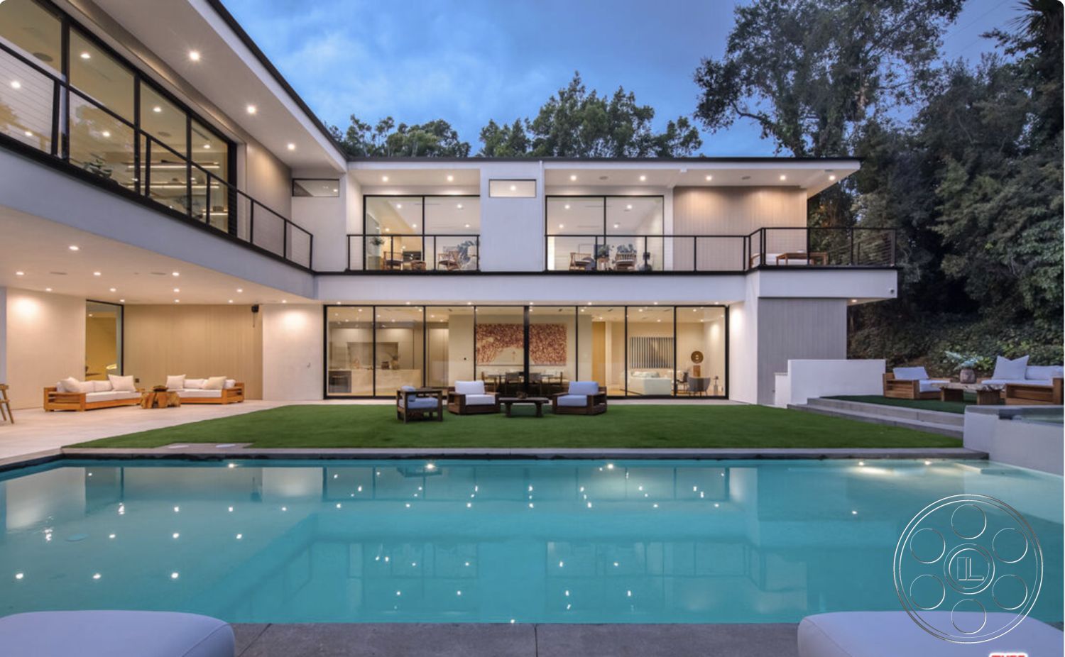 Modern 514 - rectangular swimming pool, floor-to-ceiling windows, textured wall feature, contemporary architectural style, exposed wood ceiling beams, urban hillside location, exterior concrete pool border, concrete patio flooring, modern outdoor seating area, interior glass sliding doors, landscaped lawn area, steel railing balcony, panelled wood siding walls, minimalist home office space, soft ambient outdoor lighting, wooden deck lounge chairs