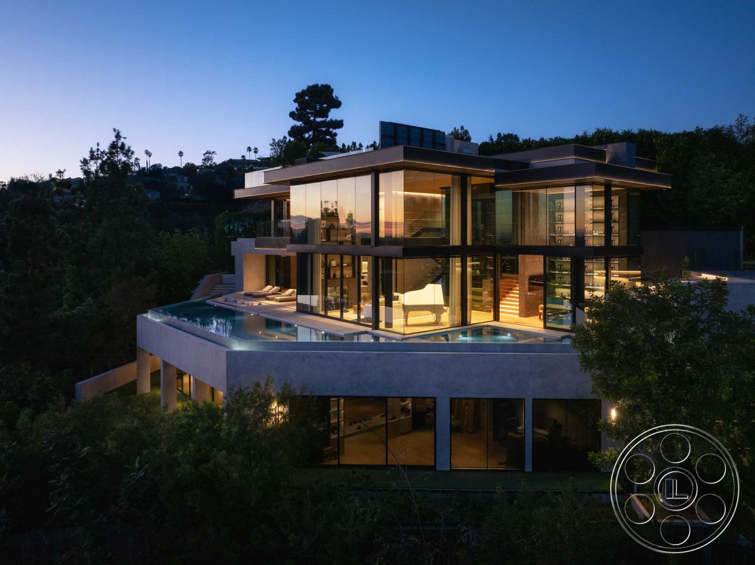 Modern 515 - modern architectural style, exposed wood ceiling beams, landscaped garden setting, concrete exterior walls, glass floor-to-ceiling windows, infinity pool with tile border, open-concept interior layout, steel balcony railings, lush greenery surrounding property, contemporary living room design, wood deck patio with seating area, modern geometric roof lines, sleek concrete foundation, dark wood stair treads, minimalist kitchen with built-in cabinets, luxurious outdoor lounge area, city skyline view from terrace, evening outdoor lighting features, multilevel home with spacious terraces