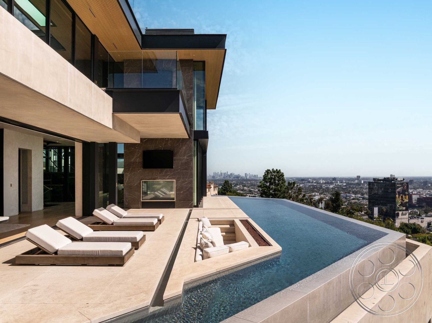 Modern 515 - exterior, modern architecture, minimalist design elements, glass sliding doors, city skyline view, infinity pool, concrete patio flooring, contemporary outdoor living space, dark stone accent wall, wooden sun loungers, metal railing with glass panels, horizontal wood ceiling slats, rectangular pool layout