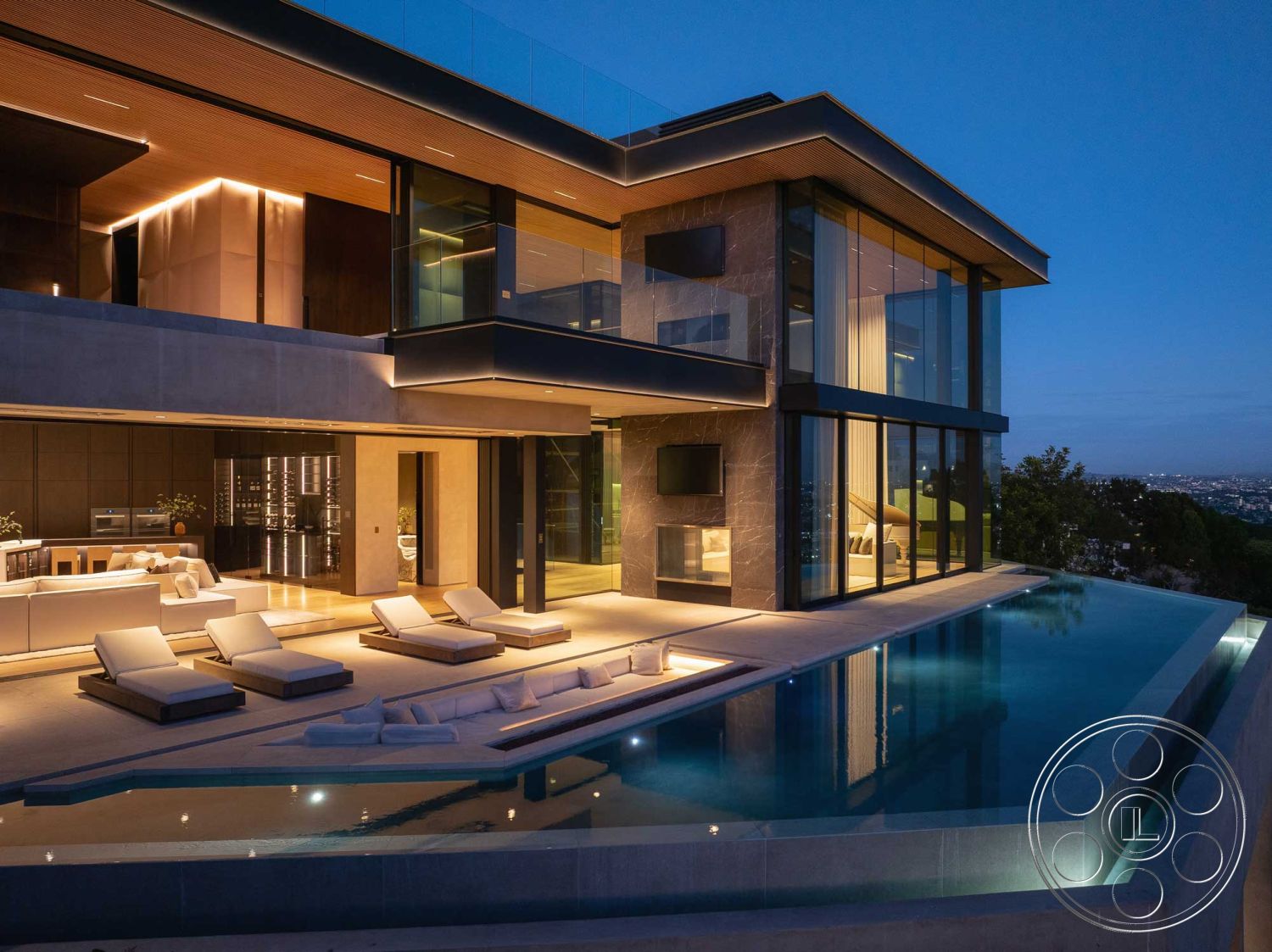 Modern 515 - floor-to-ceiling windows, city skyline view, indoor-outdoor living, stone feature wall, modern urban setting, exposed wood ceiling beams, minimalist architectural style, exterior concrete pool deck, concrete accent wall, rectangular infinity pool, tile kitchen backsplash, interior hardwood cabinetry, exterior glass walls, modern cantilevered roof, high ceiling living room, luxury outdoor lounge area, designer poolside loungers, gradient concrete patio flooring, LED illuminated pool edge, wraparound outdoor deck