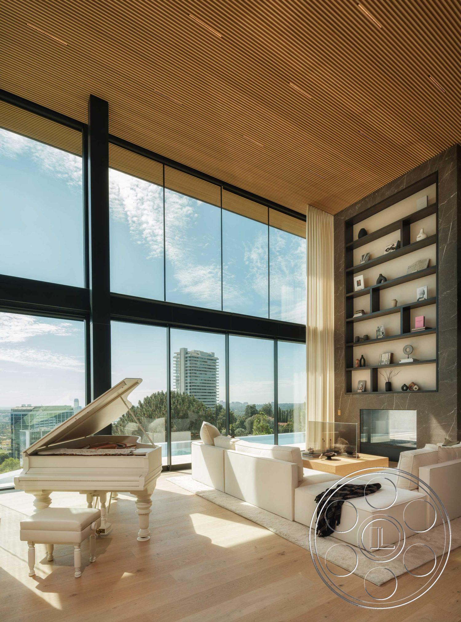 Modern 515 - minimalist decor, neutral color palette, textured area rug, open floor plan, floor-to-ceiling windows, city skyline view, modern fireplace, marble feature wall, contemporary coffee table, elegant window treatments, light-filled space, exposed wood ceiling beams, hardwood living room floors, modern sectional sofa, built-in shelving unit, piano area