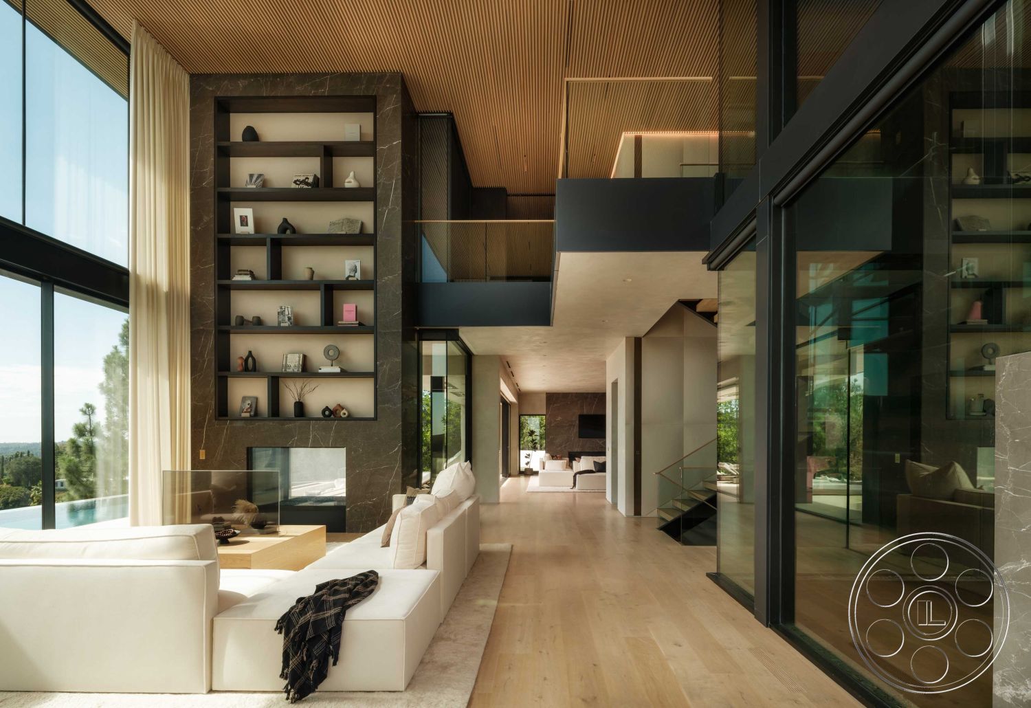 Modern 515 - interior neutral color palette, interior hardwood flooring, interior modern minimalist design, interior floor-to-ceiling windows, interior open concept living area, interior contemporary furniture, interior stone feature wall, interior marble fireplace surround, interior spacious layout, interior glass partition wall, interior contemporary art pieces, interior natural light flooding, interior seamless indoor-outdoor flow, interior built-in shelving unit, interior light wood panel ceiling, interior angular architectural forms, interior comfortable sectional sofa, interior decorative throw blankets, interior expansive views, interior subtle textures