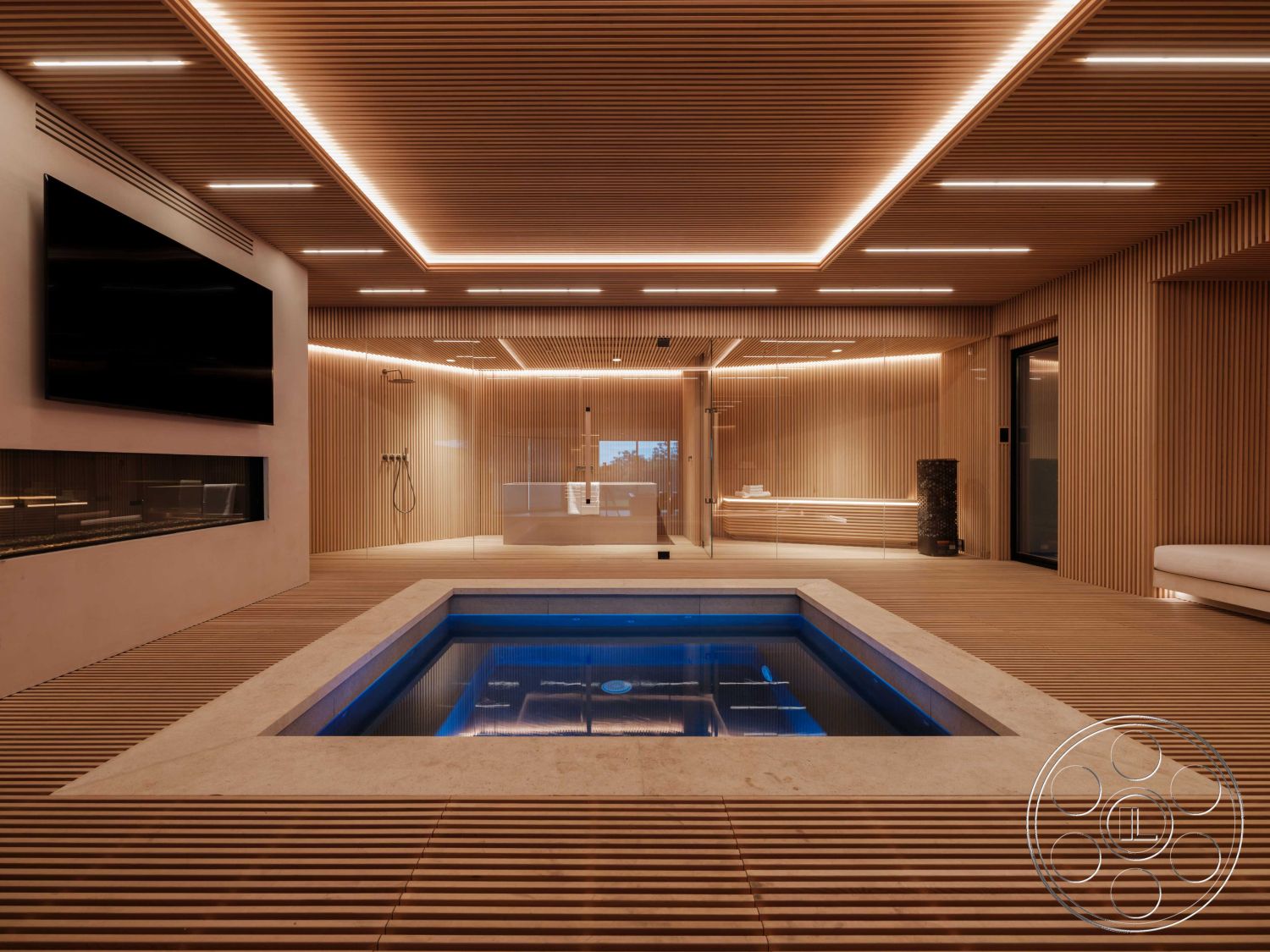 Modern 515 - minimalist design, stone accent wall, glass shower enclosure, modern aesthetic, textured wall panels, smooth concrete flooring, vaulted ceiling, strip lighting, neutral color scheme, concrete pool border, floor-to-ceiling glass doors, interior spa area, wood slat ceiling, indoor plunge pool, built-in seating areas