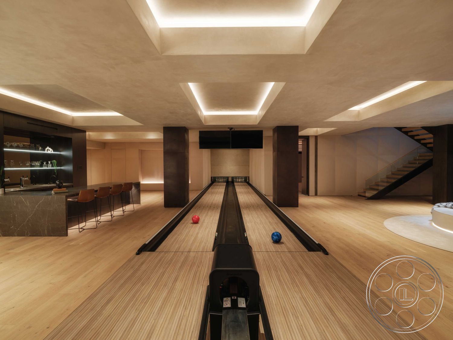 Modern 515 - neutral color palette, social gathering area, home entertainment space, open floor plan design, recessed LED ceiling lighting, floating staircase with steel railings, exterior bowling alley interior, wooden bowling lane flooring, concrete walls with textured plaster finish, dark marble countertop at bar area, glass bar shelving with illuminated backlighting, ultra-modern bar stools with metal bases, minimalist lighting design, softwood ceiling beams, built-in lighting features, sports and recreation room