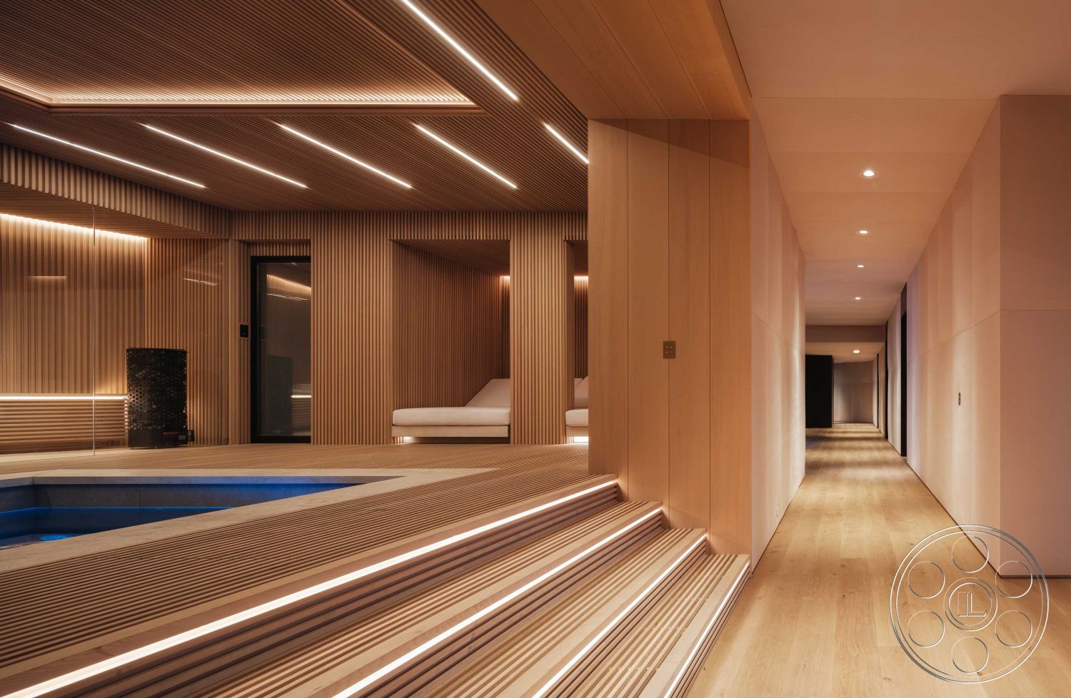 Modern 515 - interior hardwood flooring, interior ambient lighting, interior minimalist design elements, interior recessed lighting details, interior glass partition wall, interior contemporary design style, interior warm color palette, interior wooden slat wall paneling, interior built-in seating area, interior small plunge pool, interior sleek modern lines, interior spa-like environment, interior natural light infusion, interior seamless transitions, interior tranquil atmosphere