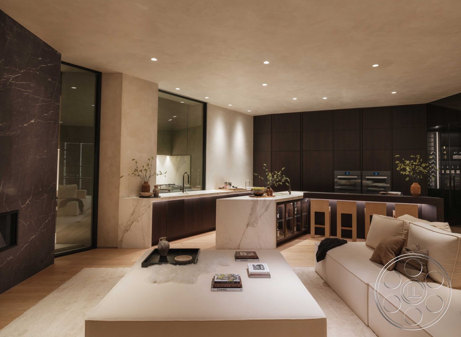 Modern 515 - dark wood cabinetry, neutral color palette, open floor plan, sculptural coffee table, glass sliding doors, floor-to-ceiling windows, comfortable sectional sofa, textured plaster ceiling, marble accent wall, interior kitchen design, ambient recessed lighting, polished hardwood flooring, minimalist seating area, contemporary marble kitchen countertops, sleek modern island, elegant indoor plants, concealed kitchen appliances, built-in oven space, high-end quartz countertop, modern decorative accents