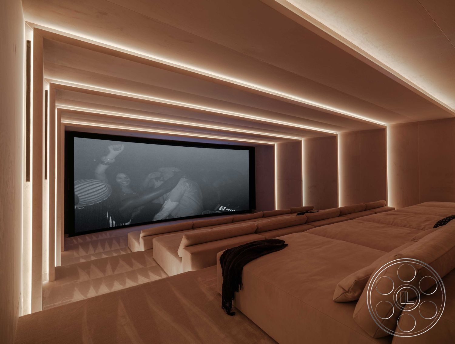 Modern 515 - soft neutral color palette, contemporary design elements, textured plaster walls, geometric ceiling design, large projection screen, interior home theater room, recessed lighting details, modular upholstered seating, ambient LED accent lighting, low-profile steps leading to screen, multi-functional entertainment space, built-in audio/visual integration