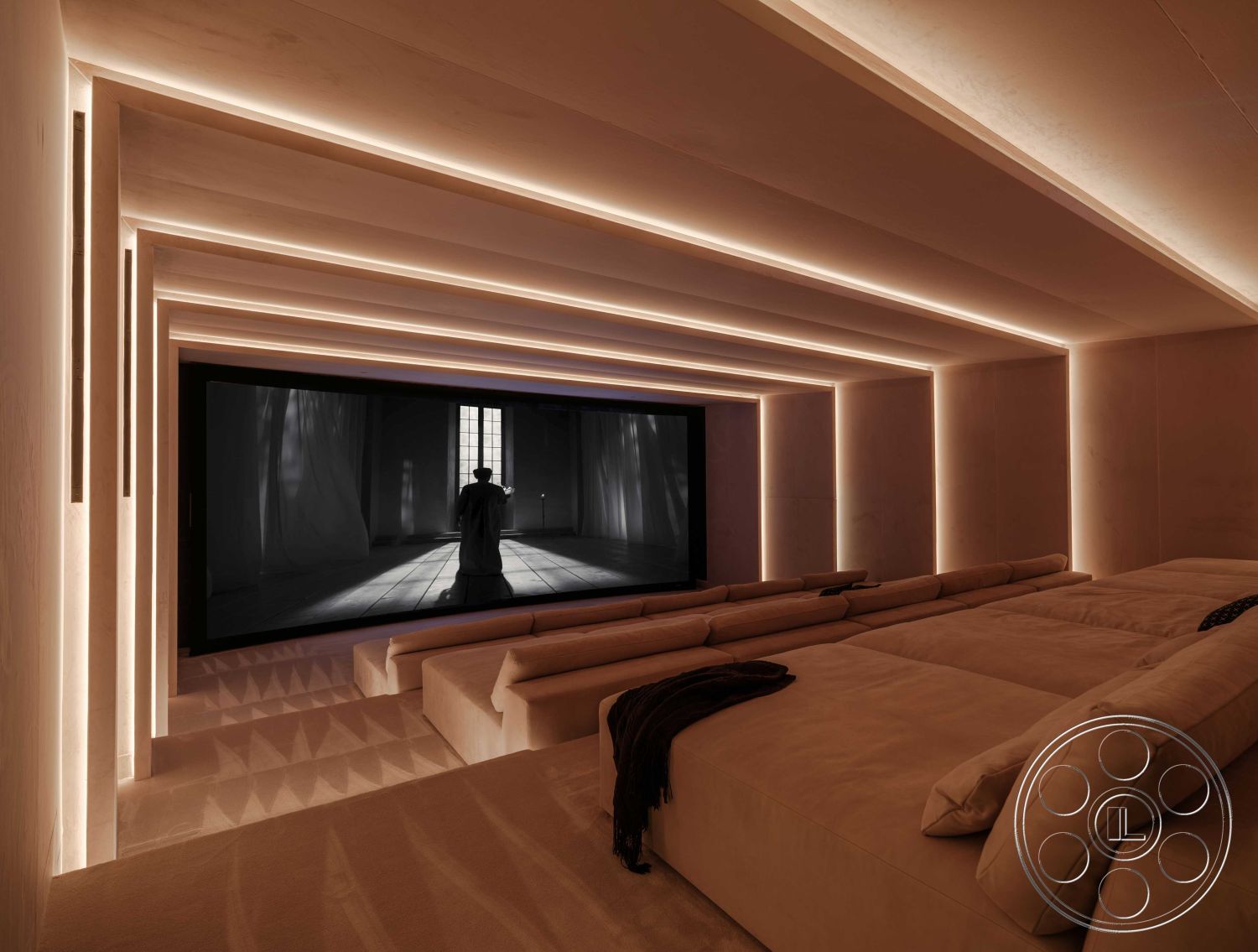 Modern 515 - interior textured wall finish, interior warm neutral color palette, interior ambient lighting, interior minimalist design, interior soft upholstered seating, interior recessed LED lighting, interior large screen media wall, interior flush wooden ceiling panels, interior built-in speaker system, interior low-profile seating arrangement, interior soundproof walls, interior cozy viewing area, interior cinematic atmosphere