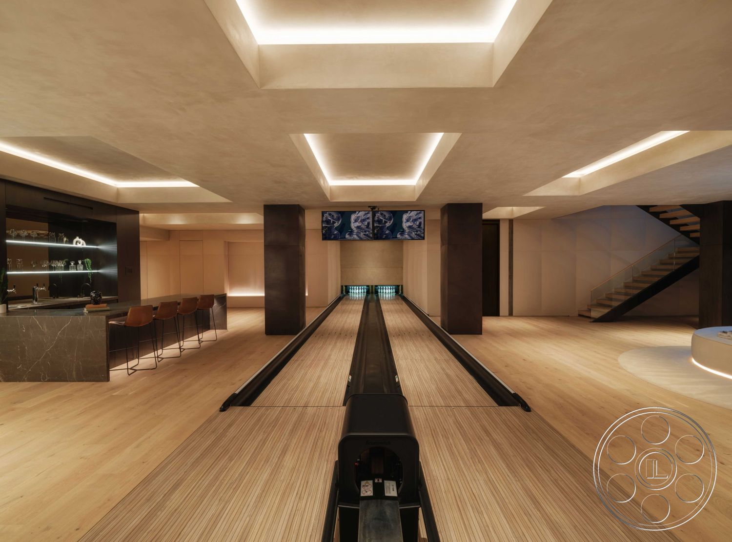Modern 515 - neutral color palette, light wood flooring, minimalist design elements, textured plaster ceiling, built-in cabinetry, modern bar area, elegant bar stools, recessed lighting fixtures, glass wall partition, wood paneling walls, interior bowling alley, marble bar countertop, framed LED ceiling lights, steel staircase with wooden treads, open concept entertainment area, game room with bowling lanes
