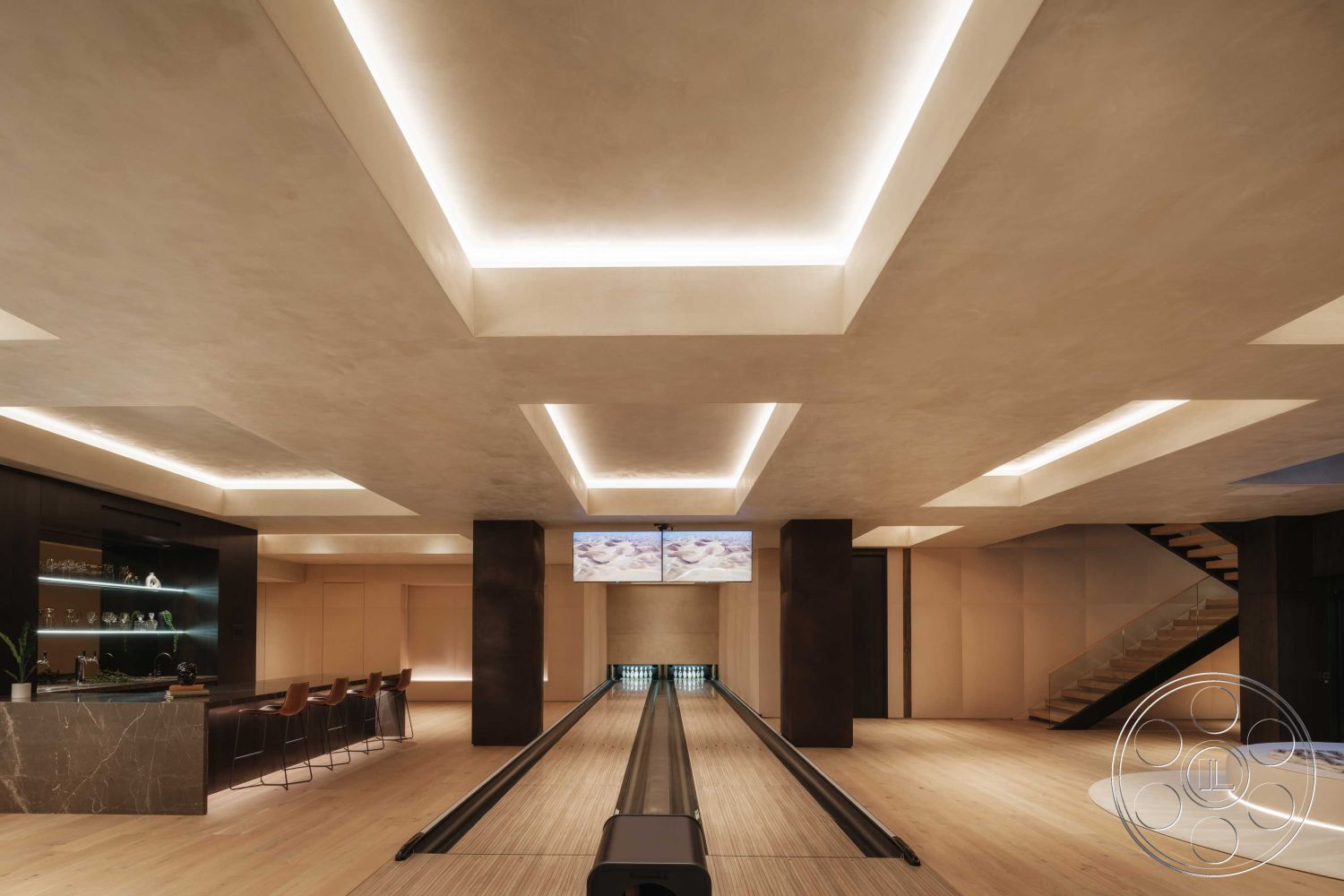 Modern 515 - interior neutral color palette, interior minimalist design elements, interior built-in seating area, interior hardwood bowling alley floor, interior concrete ceiling with recessed lighting, interior marble bar countertop, interior glass bar cabinet with lighting, interior exposed wood staircase, interior dark wood paneling on walls, interior coffered ceiling design, interior wall-mounted televisions, interior modern linear lighting fixtures, interior spacious open layout, interior stylish bowling lane, interior luxury entertainment space