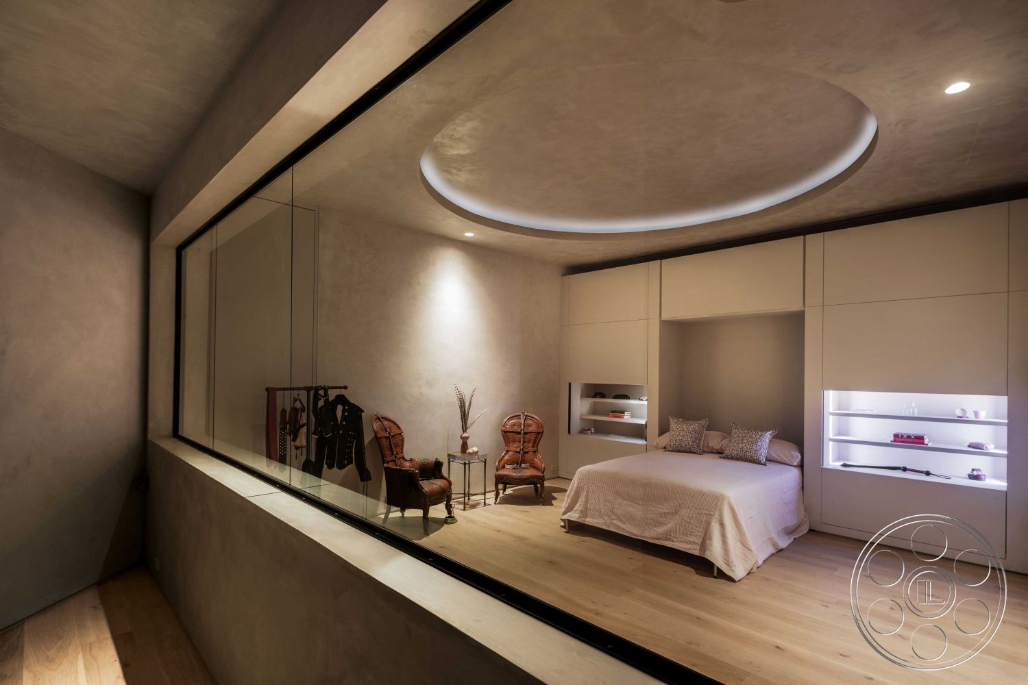 Modern 515 - neutral color palette, floor-to-ceiling windows, soft ambient lighting, textured plaster walls, modern minimalist decor, stylish accent chairs, stylish bedside table, interior bedroom space, hardwood bedroom floors, built-in storage cabinets, modern architectural design, glass partition wall, circular coffered ceiling, decorative shelving units, textile accessories, fashion display rack, open and airy atmosphere