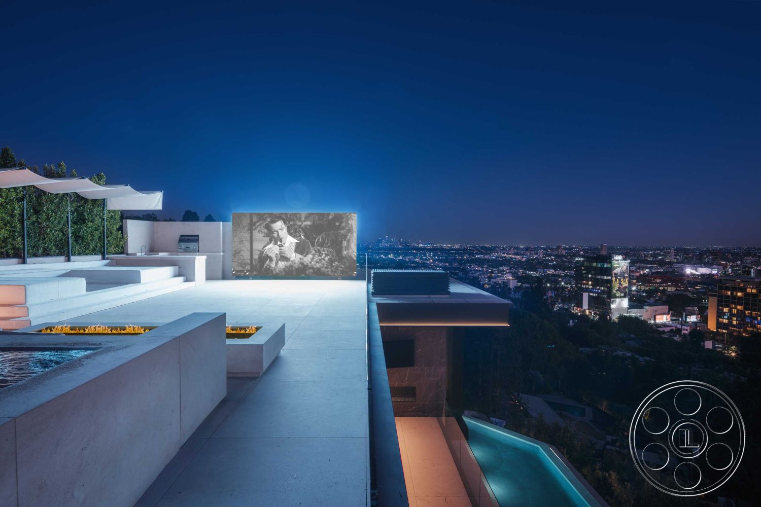 Modern 515 - minimalist design elements, city skyline view, contemporary outdoor seating area, rectangular infinity pool, exterior concrete patio flooring, nighttime ambiance lighting, glass partition balcony, modern fire pit integration, open-air living space design, overhead canopy structure, built-in outdoor media screen, curved outdoor lounge area, landscaped greenery backdrop, sleek modern architecture, horizontal wood slat privacy screens, stainless steel outdoor kitchen, integrated water features, concrete border feature, urban rooftop retreat