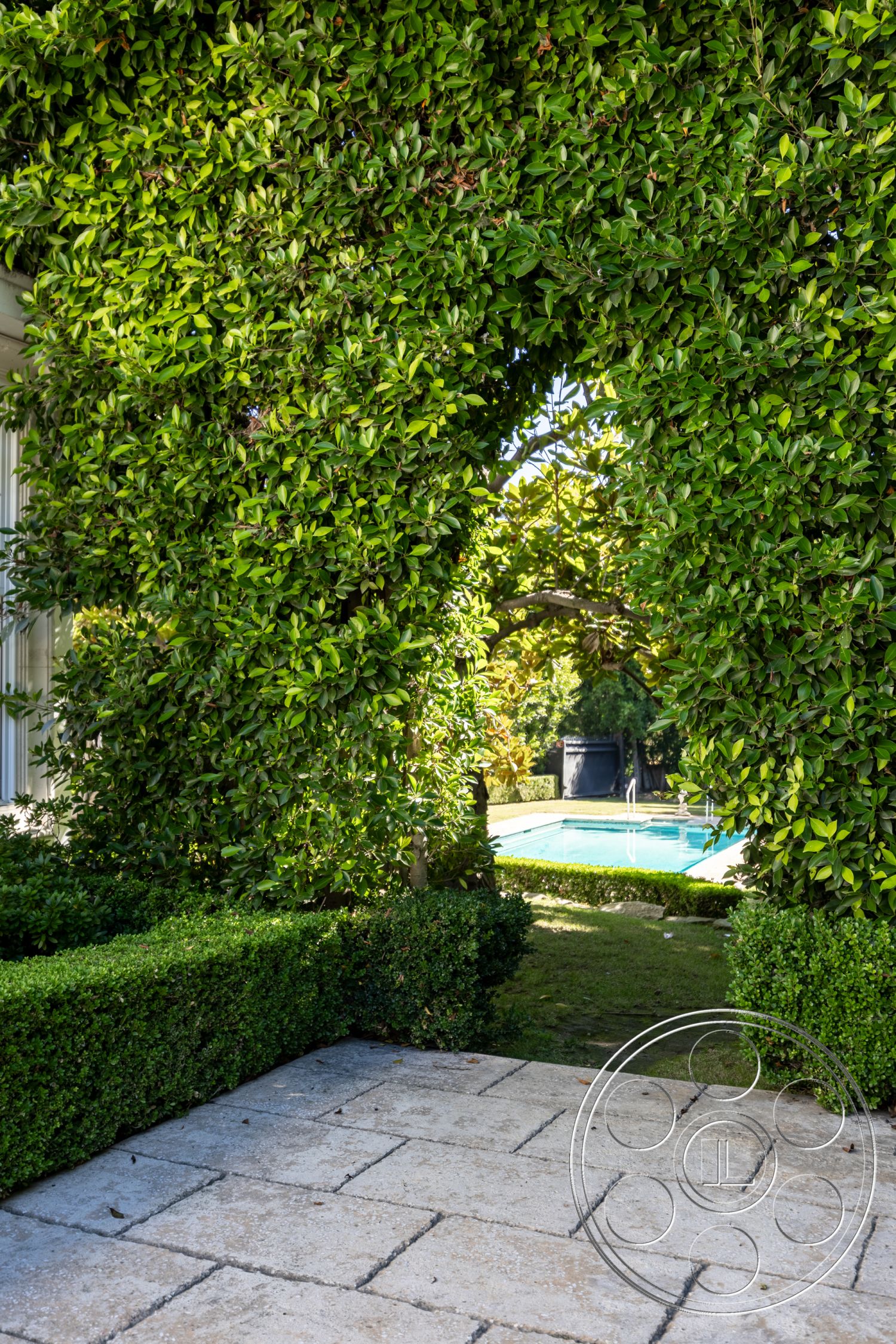 Americana 431 - exterior, rectangular swimming pool, boxwood hedges, landscaped garden setting, stone patio flooring, natural light ambiance, lush green hedge entrance, pool area view, inviting outdoor pathway