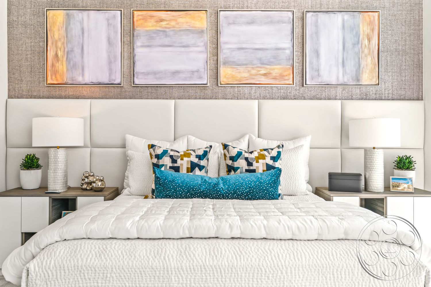 Palm Springs 109 - neutral color palette, contemporary design elements, soft ambient lighting, textured wall treatment, upholstered headboard, decorative throw pillows, stylish accent pieces, interior bedroom, plush white bedding, geometric pattern cushions, woven fabric wall, minimalist nightstands, table lamps with fabric shades, modern white furniture, potted green plant, framed abstract wall art