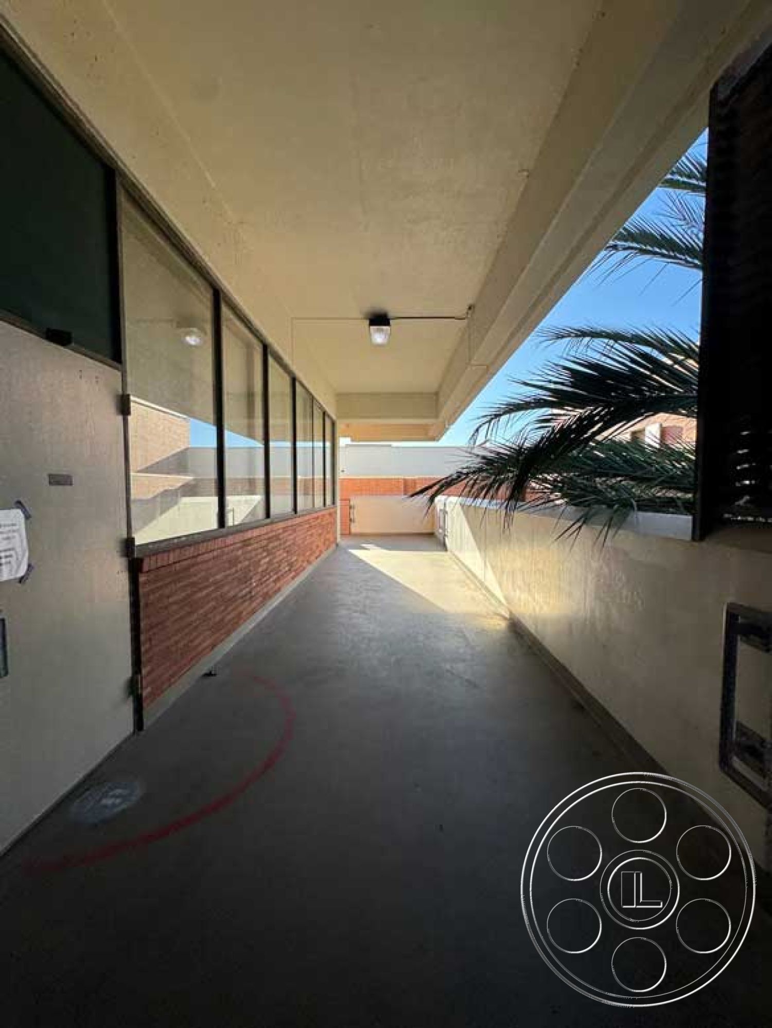 School 3 - modern light fixtures, exposed brick wall, bright natural lighting, tropical setting, smooth concrete floor, urban backdrop, flat roof design, exterior concrete walkway, palm tree landscaping, minimalist architectural details, glass partition windows, open-air corridor, industrial-style construction, commercial building hallway, multi-level building access