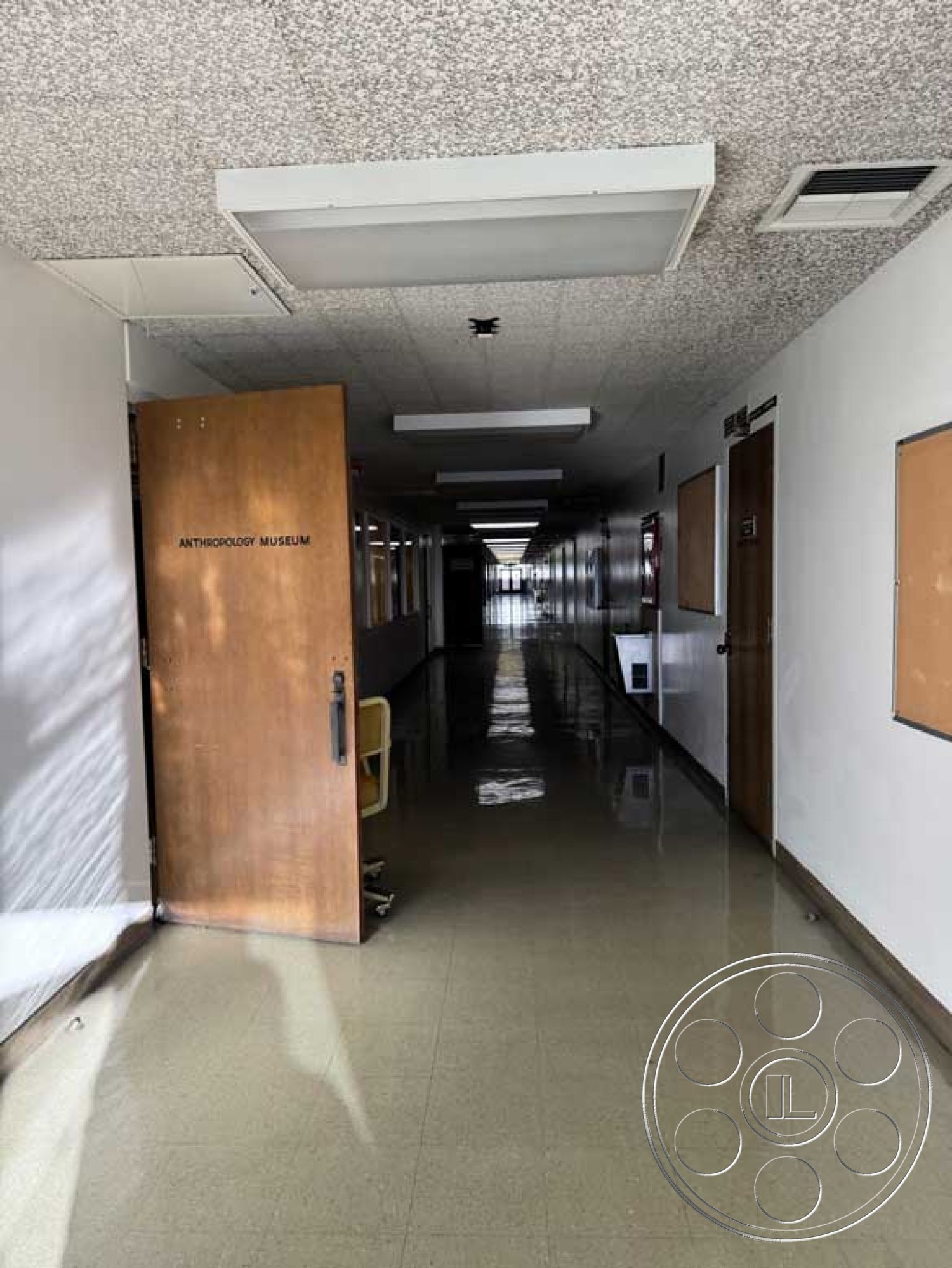 School 3 - minimalist design, plain white walls, overhead fluorescent lighting, interior hallway, textured ceiling tiles, institutional architecture, vintage tile flooring, wooden museum door, simple classroom doors, single corridor layout, windowed wall sections, empty educational space, natural light effects