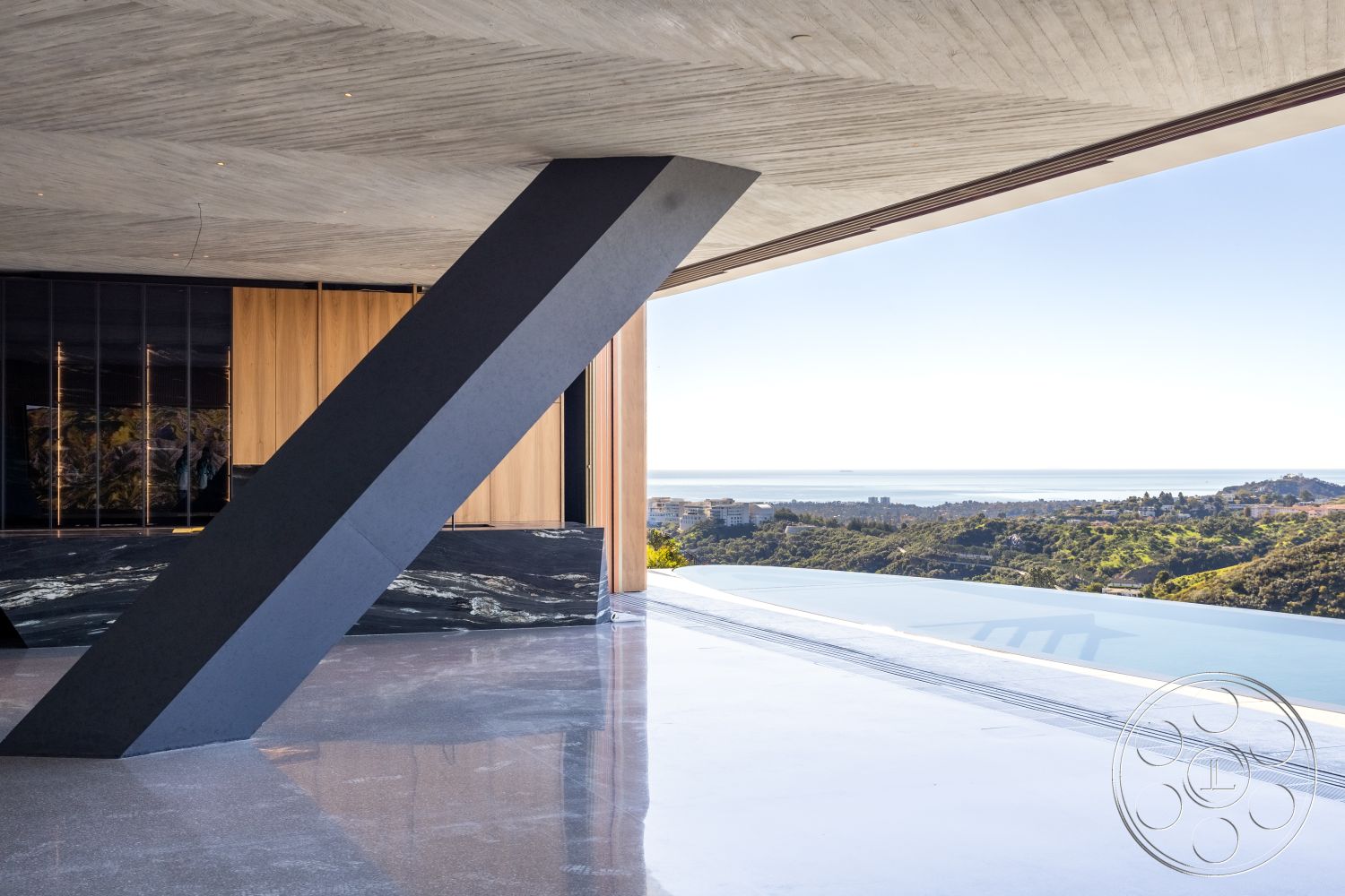 Modern 516 - high ceilings, modern architecture, minimalist aesthetic, open floor plan, polished concrete flooring, urban landscape, seamless indoor-outdoor flow, luxury living space, glass wall partitions, modern interior design, natural light emphasis, interior lounge area, wood paneling accent wall, exterior mountain view, concrete ceiling beams, exterior terrace, large panoramic windows, slate stone feature wall, infinity edge pool view, black metal structural beams