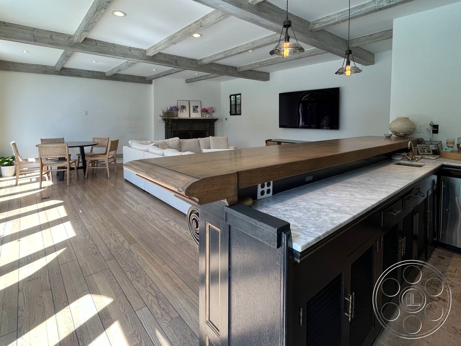 Medit 166 - floor-to-ceiling windows, neutral wall color, textured throw pillows, contemporary dining area, light-filled space, minimalist decor style, hardwood flooring living room, designer pendant lighting, exposed wood beam ceiling, indoor plant accents, open concept interior, marble countertop kitchen island, seating area with sectional sofa, black cabinetry with louvered doors, modern art on walls, stylish media center setup