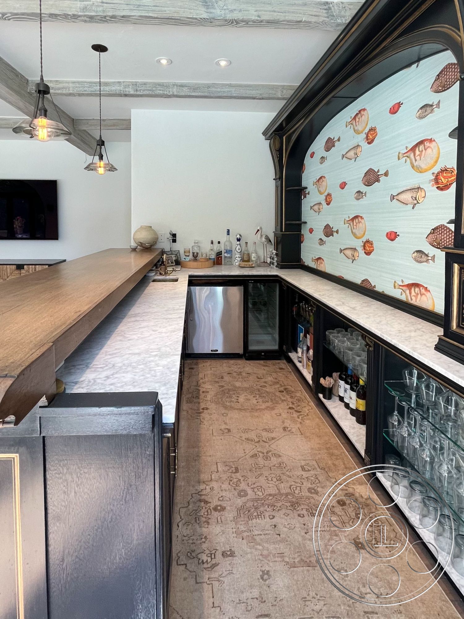 Medit 166 - black cabinetry, natural wood finishes, marble countertop, textured wall treatments, exposed wooden ceiling beams, interior bar area, traditional architectural details, rustic area rug, glass shelving for glasses, custom built-in liquor storage, decorative fish wallpaper, refrigerated beverage cooler, accent lighting fixtures, space-saving design