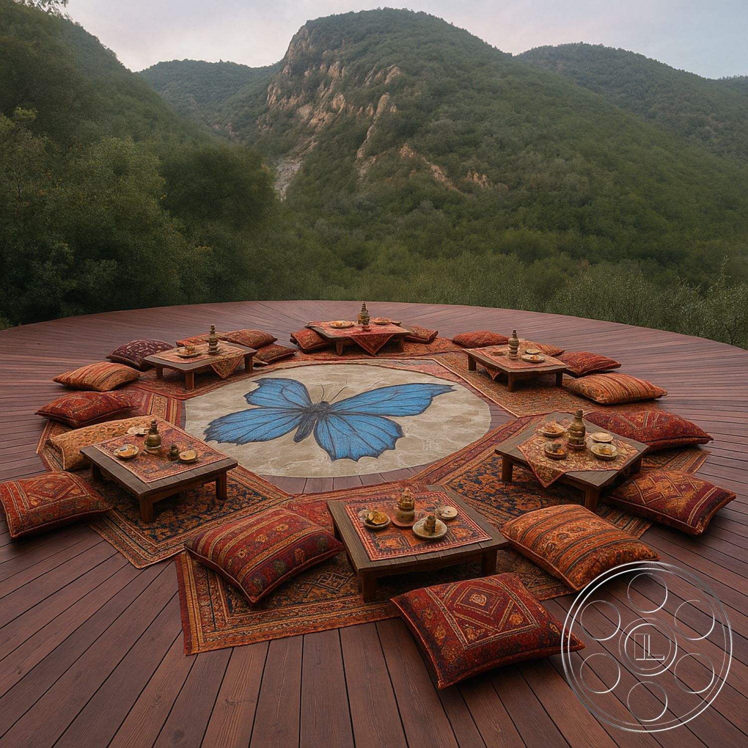Topanga Retreat - mountain view setting, wooden deck flooring, low wooden coffee tables, exterior circular wooden deck, decorative concrete butterfly inlay, colorful patterned textiles, woven floor cushions, rustic outdoor gathering space, bohemian style decor, nature-surrounded patio area