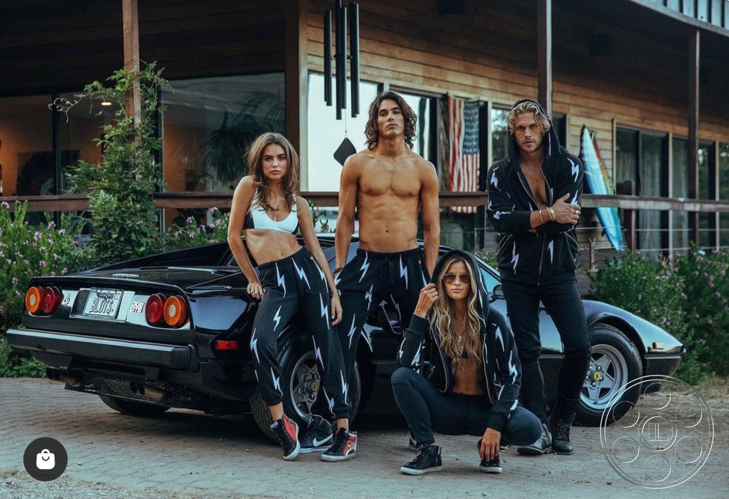 Topanga Retreat - surrounding greenery, natural light from large windows, black sports car, landscaped garden area, modern farmhouse design, open patio area, urban outdoor setting, exterior wood siding, rustic porch with wooden beams, casual outdoor clothing, group of young adults, sandy driveway texture, background flag display, blooming flowers in garden