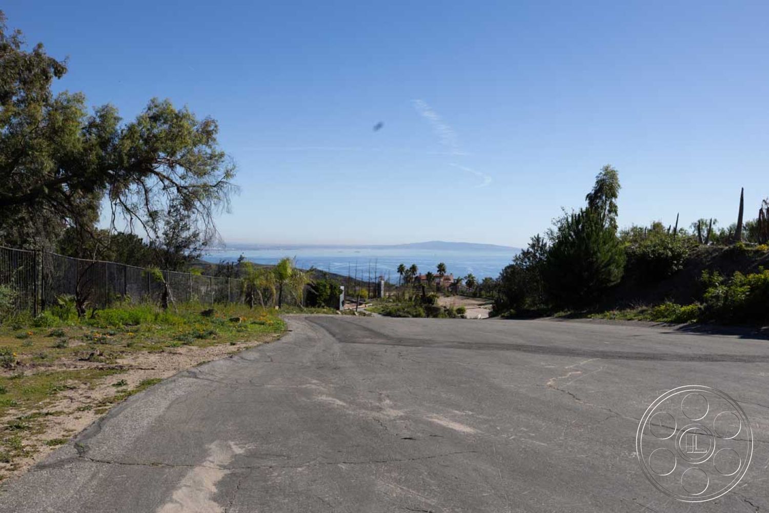 Modern 56 - natural vegetation, sloping terrain, mixed greenery, landscaped hillside, ocean view, clear blue sky, urban residential area, coastal setting, distant mountains, scenic overlook, asphalt road surface, semi-arid environment, curved roadway, iron fence boundary, sunny day