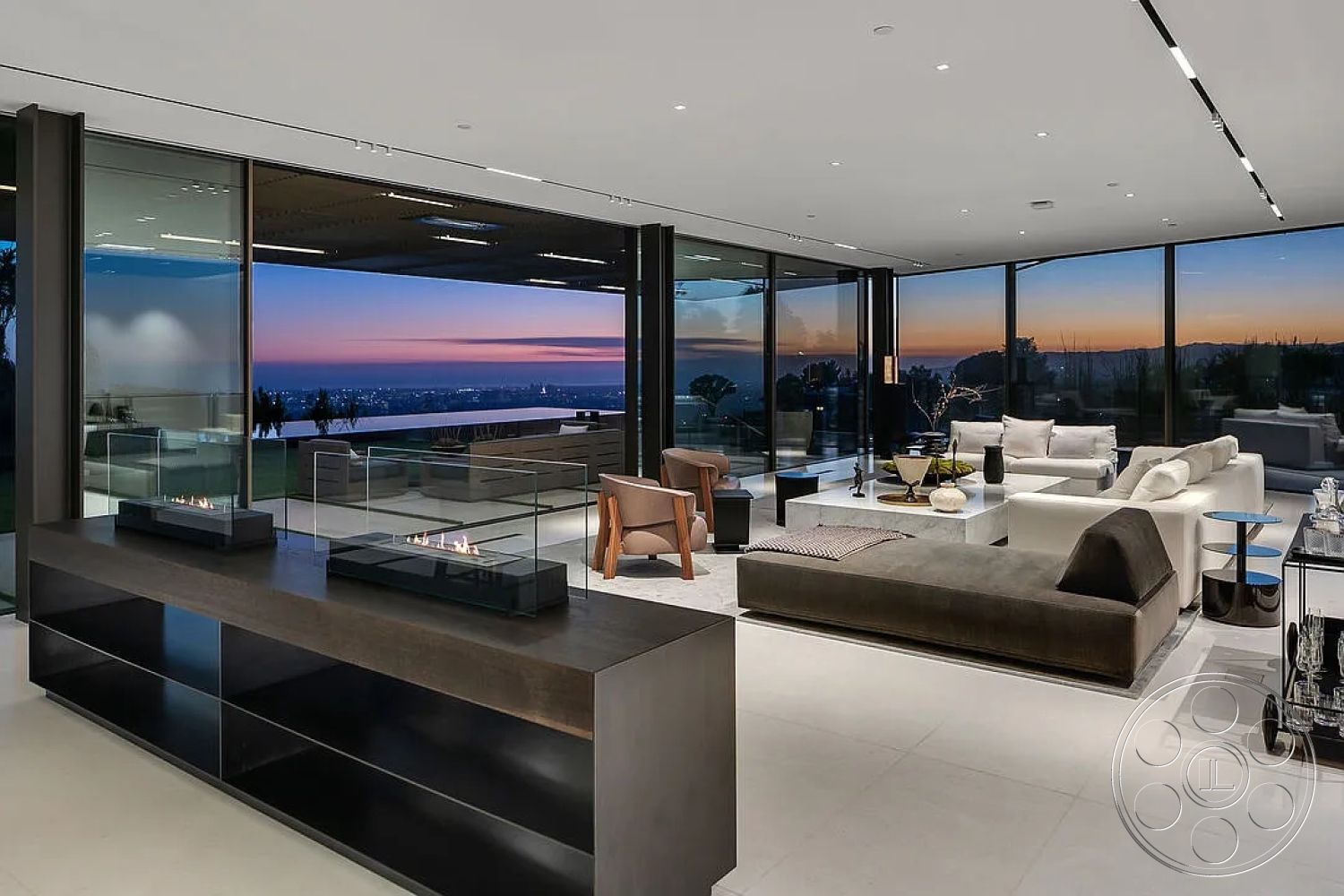 Modern 517 - interior recessed lighting, interior minimalist coffee table, interior open floor plan, interior wood beam ceiling, interior soft neutral color palette, interior contemporary art decor, interior polished concrete flooring, interior floating staircase, interior modern sectional sofa, interior glass wall panels, exterior panoramic city skyline view, interior gas fireplace with glass partition, interior designer accent chairs, exterior stone patio, exterior modern outdoor lounge area