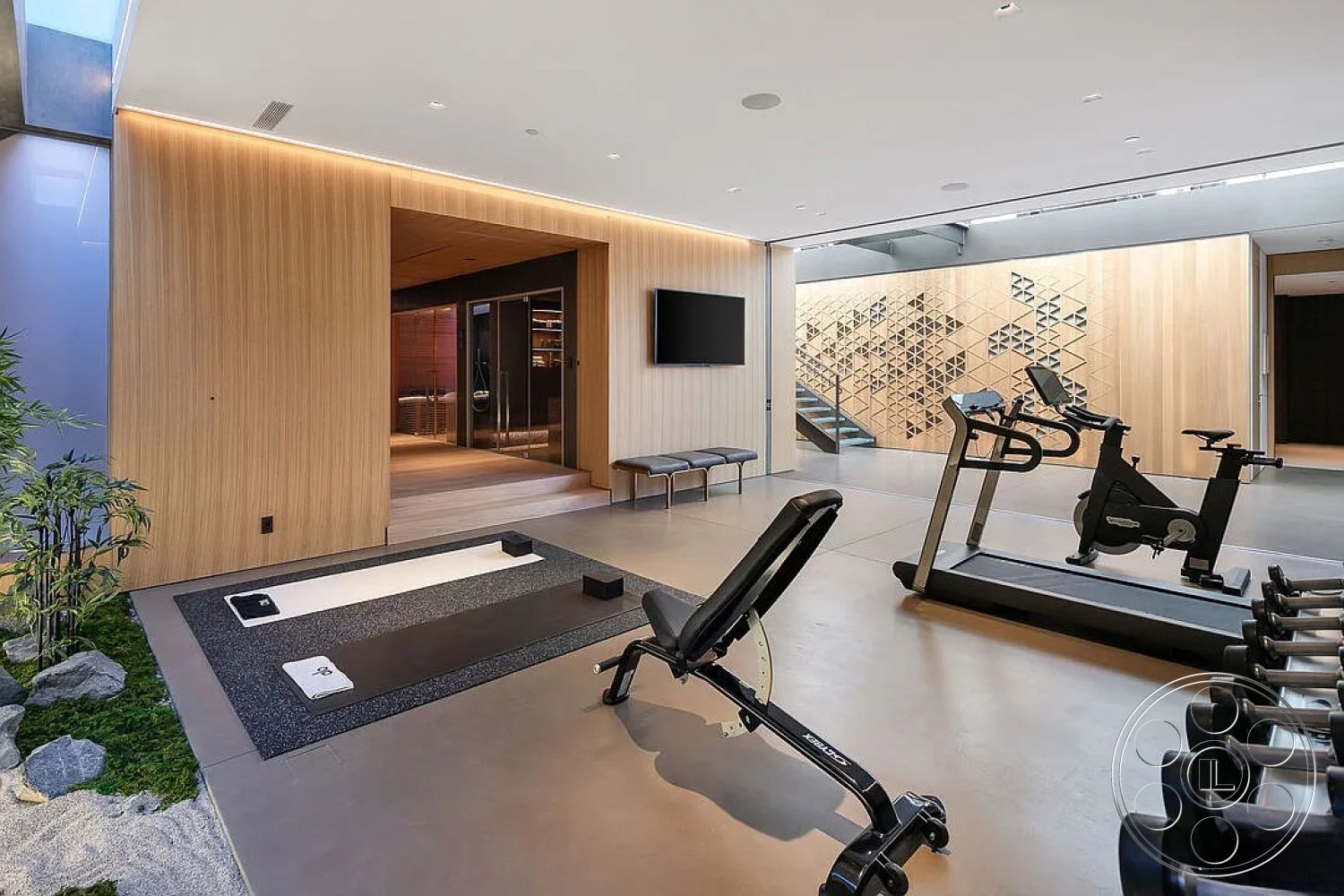 Modern 517 - neutral color palette interior, glass partition walls interior, modern recessed ceiling lighting, concrete flooring interior, exposed wood paneling interior, rectangular fitness area design, vein-cut marble accent wall, small indoor garden with rocks, minimalistic wood bench seating, steel-based fitness equipment, textured plaster ceiling finish, open layout home gym, designer wall art feature, contemporary interior architectural details, lifestyle-focused home environment