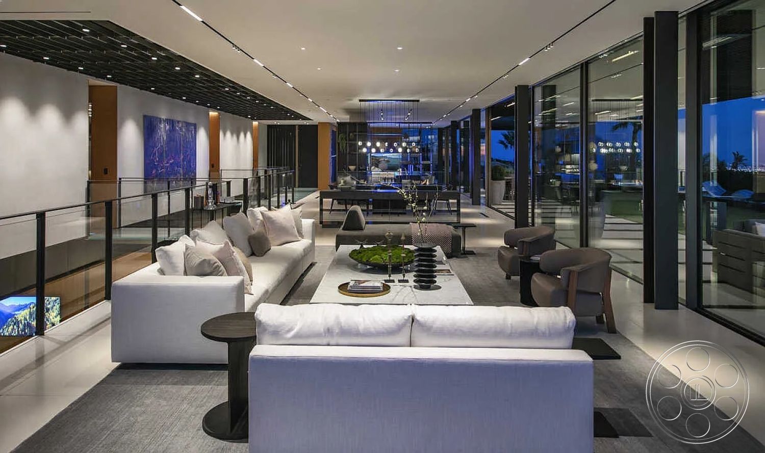 Modern 517 - minimalist decor, neutral color palette, abstract wall art, concrete flooring, ocean view, black coffee table, large floor-to-ceiling windows, plush throw pillows, soothing ambiance, comfortable seating area, stylish light fixtures, open-concept living area, glass partition walls, flat ceiling with recessed lighting, modern sectional sofa, exposed steel structural elements, hardwood accent wall, luxury dining area, landscaped outdoor patio, urban modern architecture