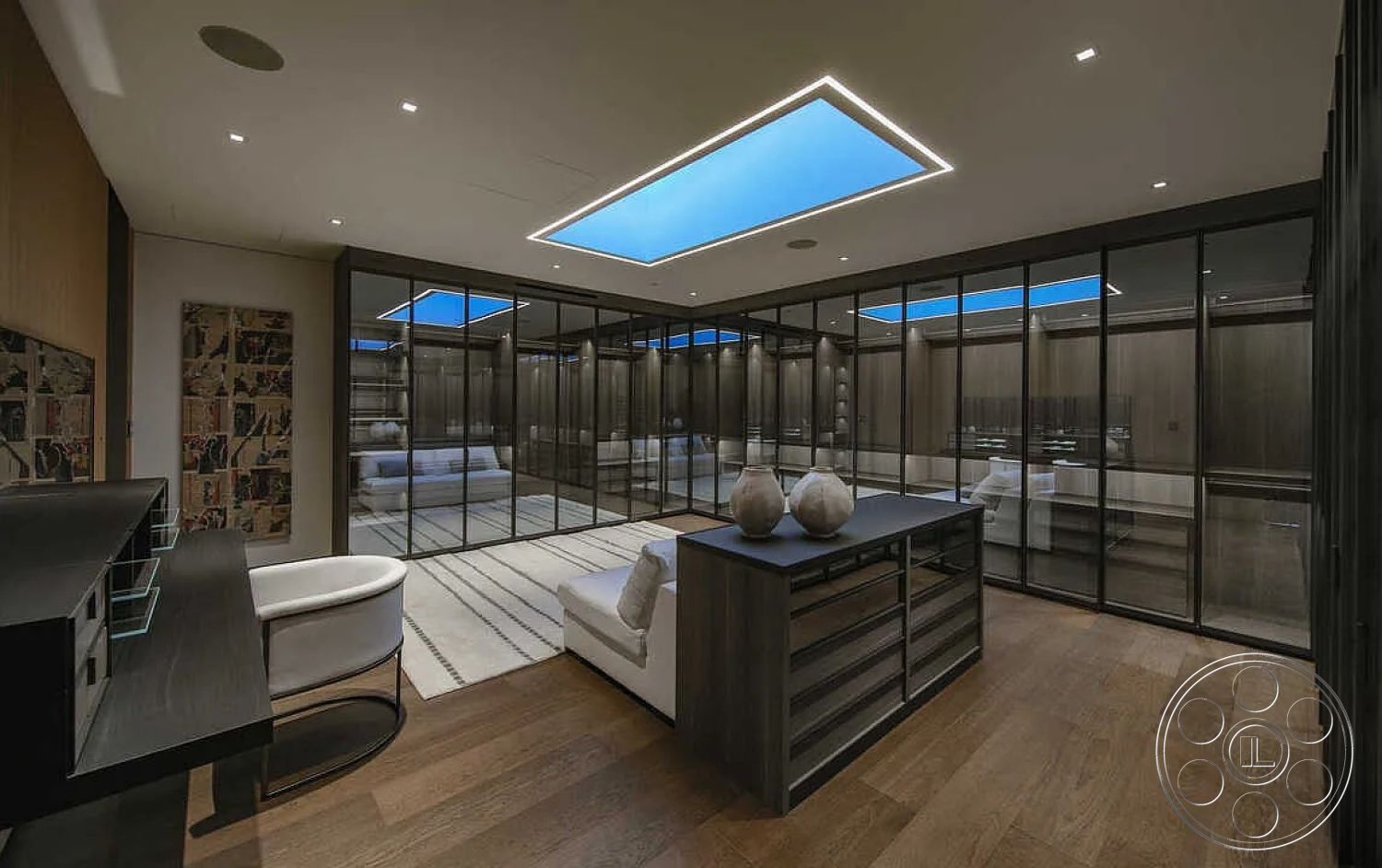 Modern 517 - interior neutral color palette, interior minimalist decor, interior hardwood flooring, interior coffered ceiling details, interior open concept layout, interior skylights, interior glass wall partitions, interior modern furniture, exterior contemporary architectural style, interior soft textiles, interior recessed LED lighting, interior storage cabinetry, exterior framed glass windows, exterior sleek lines, interior accent wall artwork