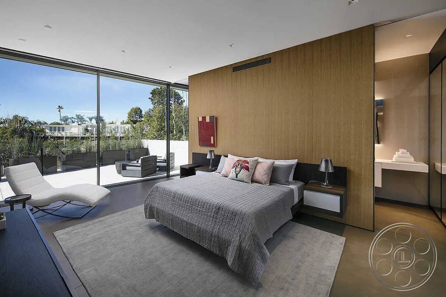 Modern 517 - neutral color palette, textured area rug, wooden bedside table, open concept design, recessed lighting fixtures, floor-to-ceiling glass windows, urban landscape view, contemporary lounge chair, minimalist modern furniture, interior bedroom with concrete flooring, exposed wood panel accent wall, gray textile bedding, elegant table lamp, modern artistic wall decor, sunlit indoor space