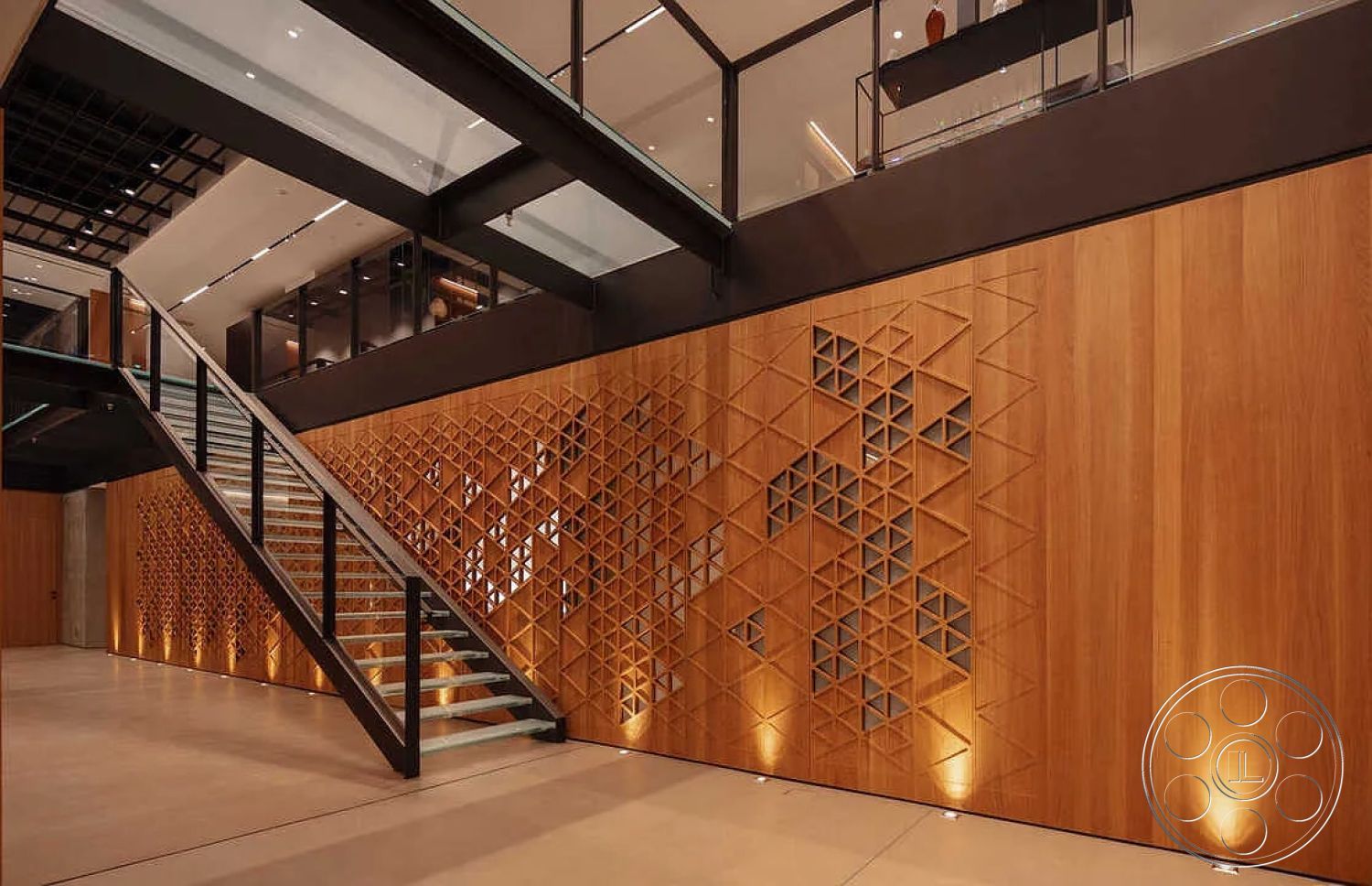 Modern 517 - polished concrete flooring, minimalist design elements, warm wood tones, natural wood elements, open-concept living space, textured wall treatments, contemporary architectural style, multifunctional living area, high ceilings with recessed lighting, interior lighting fixtures, industrial style staircase, spacious interior layout, modern staircase design, exposed wood wall paneling, geometric wooden wall design, floating stairs with glass railings, vaulted ceiling with metal accents, architectural details in entryway, artistic wall design features