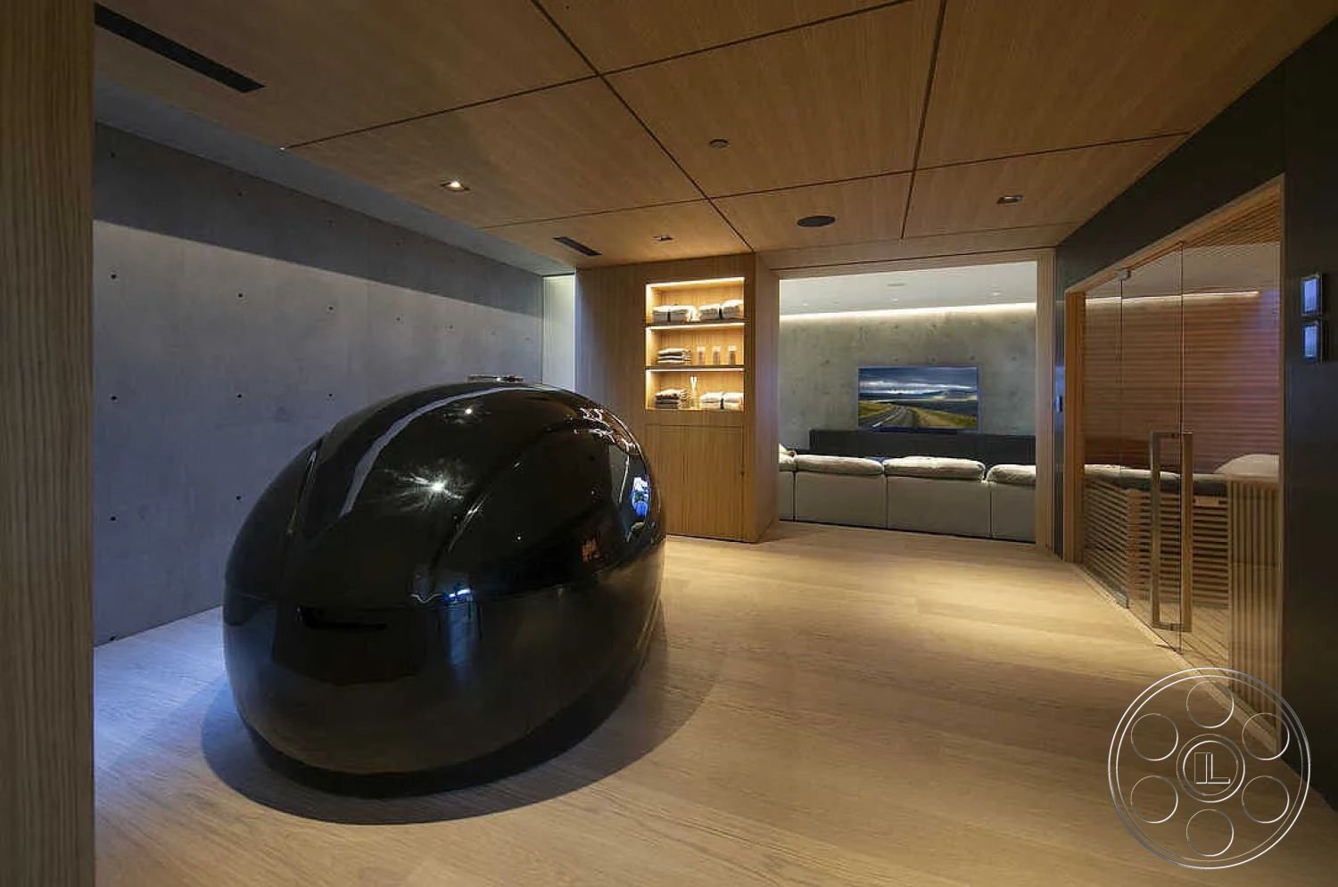 Modern 517 - neutral color palette, minimalist design, open concept layout, wood panel ceiling, floor-to-ceiling windows, soft ambient lighting, interior living room, light oak hardwood floors, concrete accent wall, black polished pod, modern aesthetic furnishings, built-in wood shelving