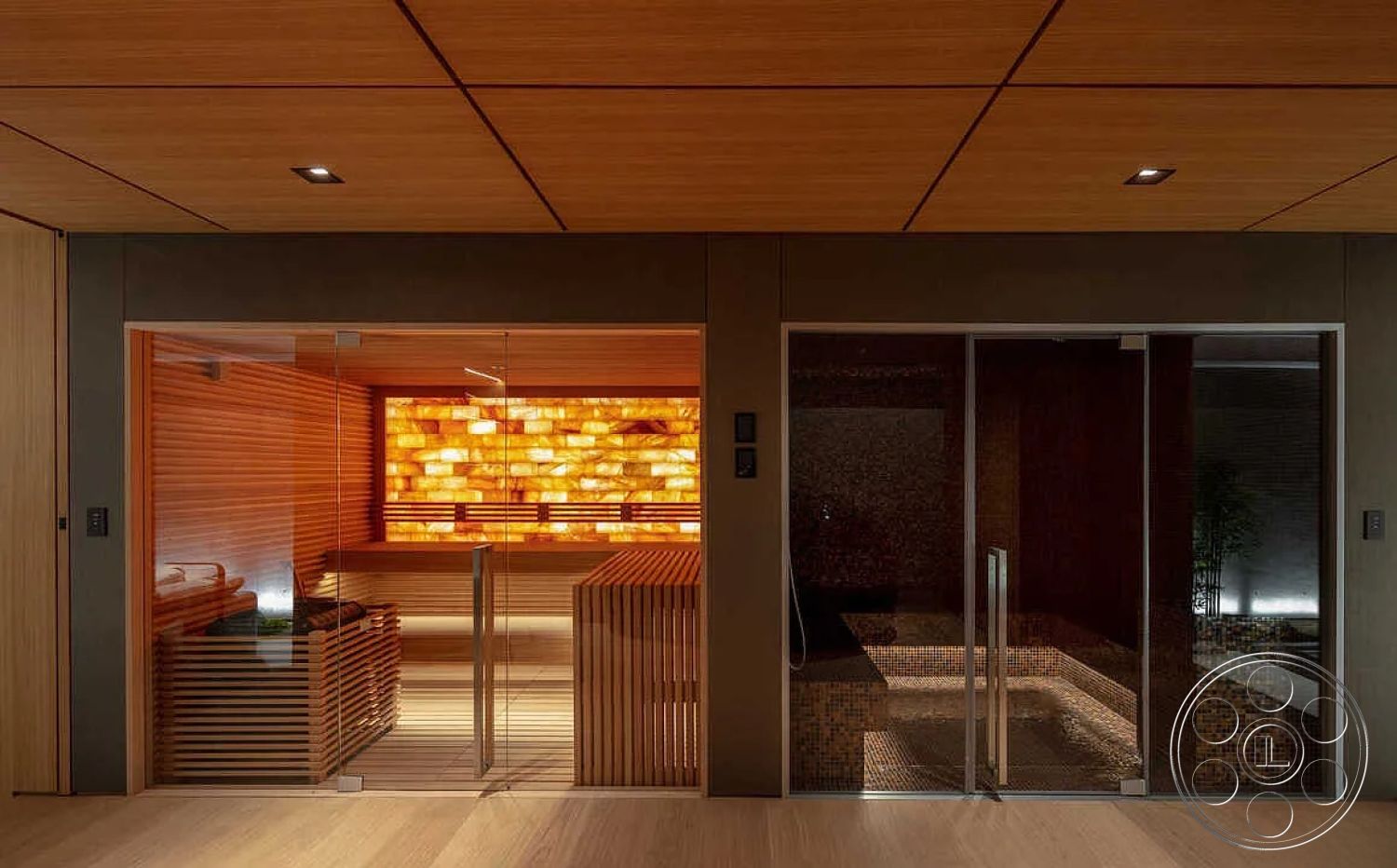 Modern 517 - natural wood accents, spa-like atmosphere, open concept layout, soft ambient lighting, modern minimalist design, glass partition doors, cedar wood ceiling panels, interior sauna with wooden slat walls, salt block wall lighting feature, tiled relaxation area flooring, luxury home wellness center, textured tile accents, stainless steel hardware, modern steam room, integrated seating in sauna area