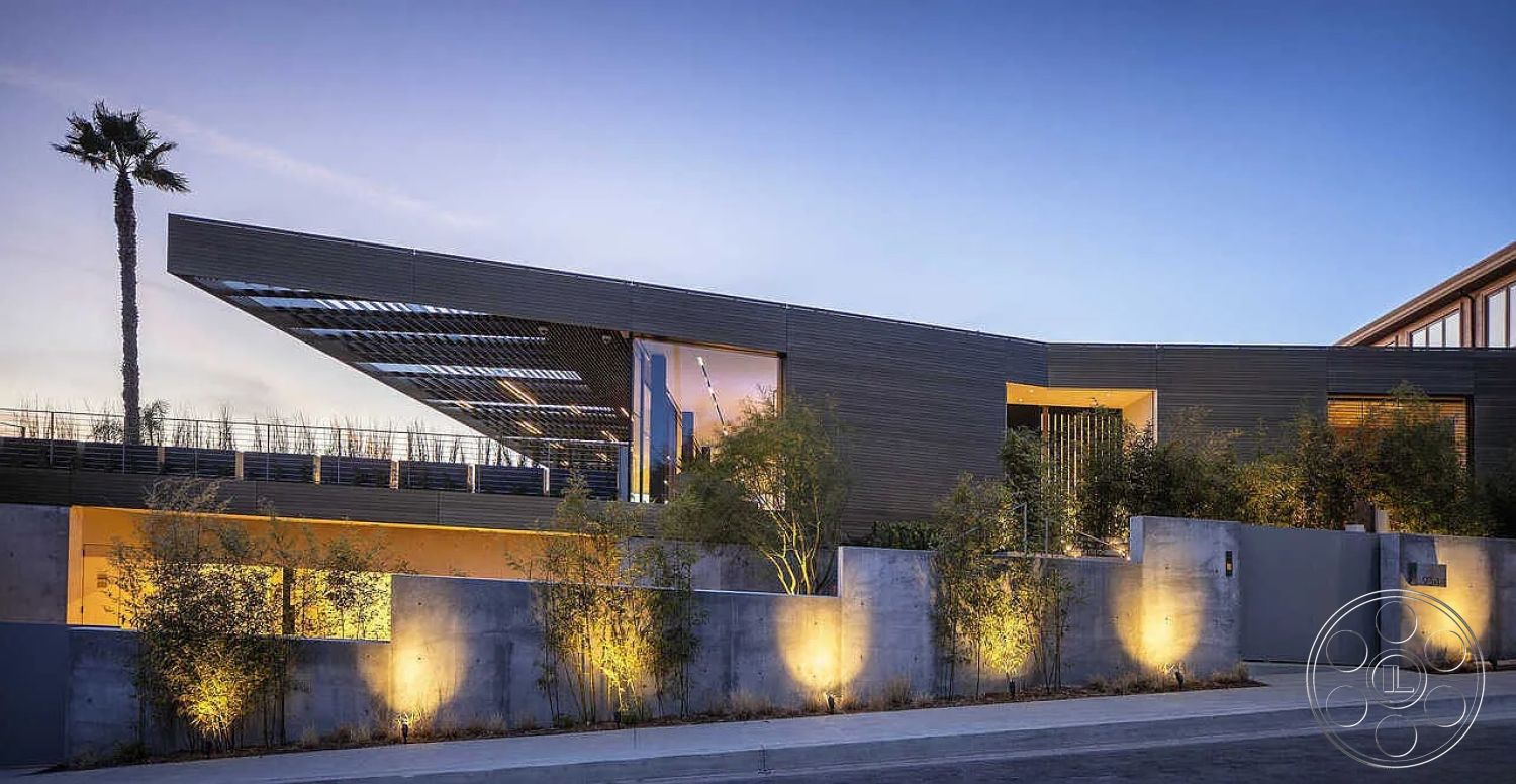 Modern 517 - contemporary architectural style, landscaped garden area, exterior bamboo landscaping, exterior horizontal wood slats, exterior concrete wall, exterior palm trees, exterior entryway, exterior sunset view, exterior glass windows, exterior LED wall lights, exterior modern sloped roof, concrete privacy wall, exterior stone pathways