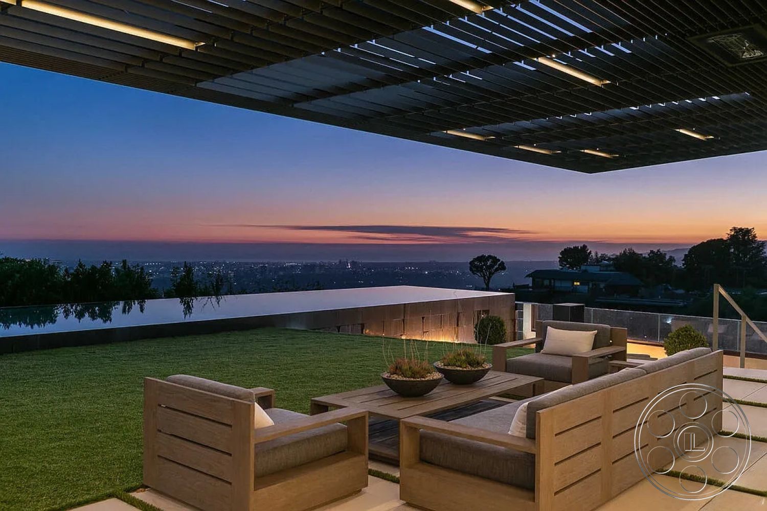 Modern 517 - exterior, low-maintenance landscaping, minimalist design, indoor-outdoor flow, glass railing, contemporary architecture, sunset view, elevated deck, luxury residence, functional outdoor seating, concrete patio floor, modern outdoor living area, infinity pool edge, landscaped green lawn, wood patio furniture, open modern pergola, stepped stone pathways, sleek linear shapes, panoramic city skyline