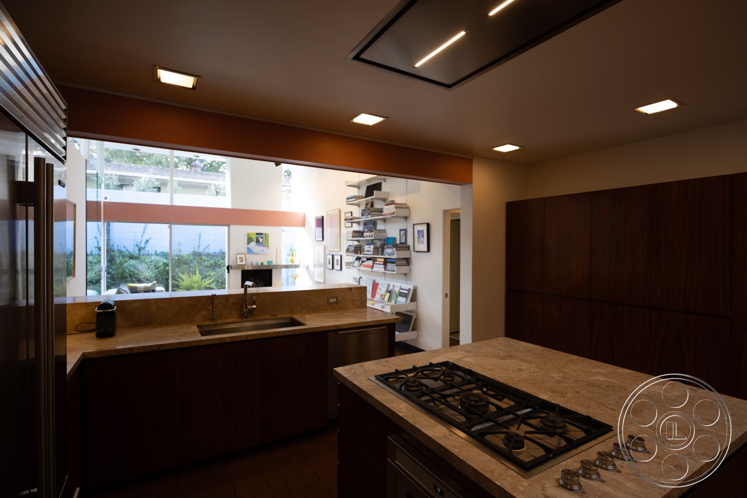 MCM 27 - neutral color palette, urban garden view, geometric ceiling design, interior kitchen with marble countertops, built-in kitchen appliances, smooth wall texture, exterior large glass windows, interior hardwood cabinetry, interior linear recessed lighting, exposed wall shelving, open floor plan kitchen layout, modern gas stovetop, subtle architectural lines, integrated indoor outdoor space