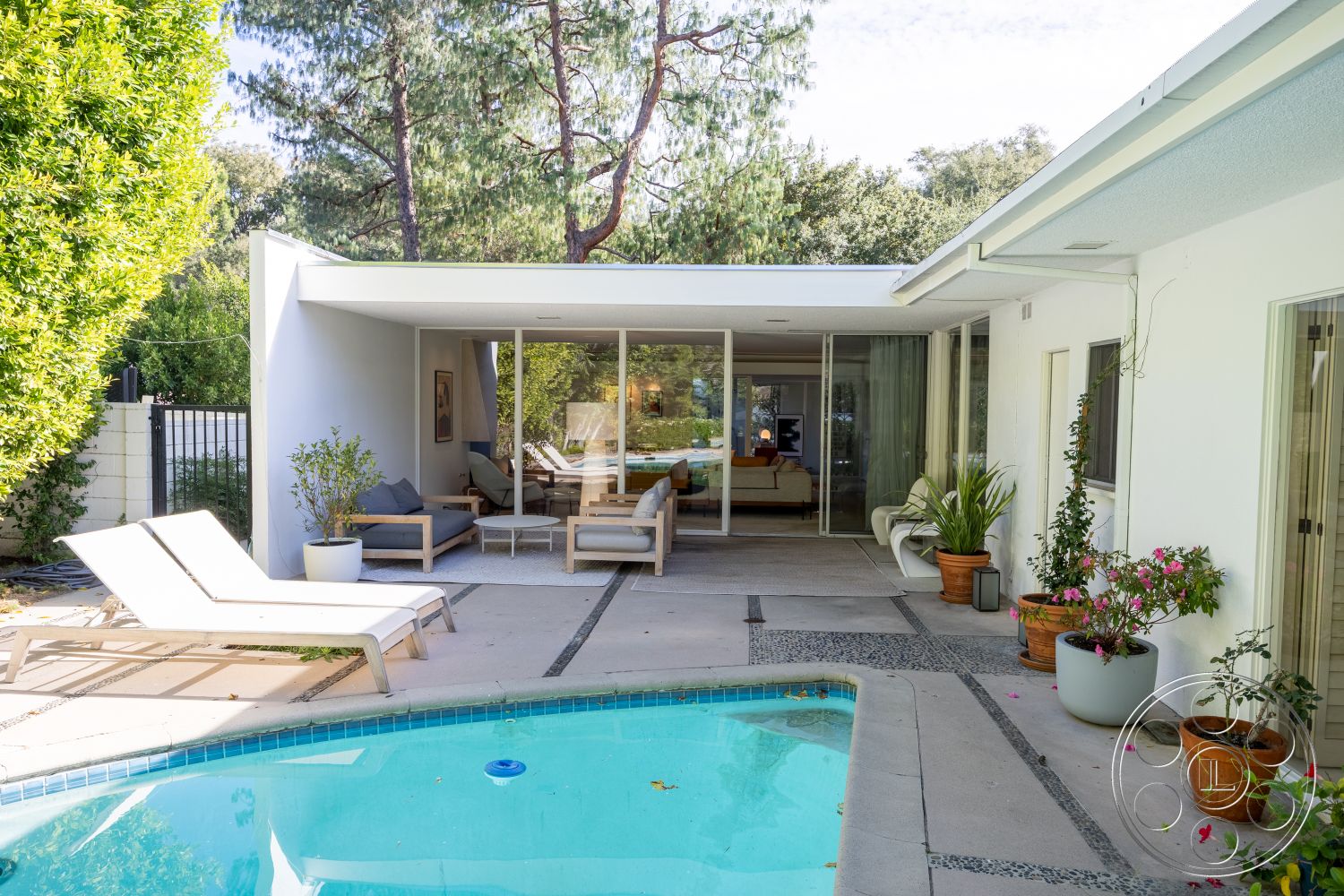 MCM 27 - natural light, exterior, potted plants, indoor-outdoor flow, glass sliding doors, modern outdoor furniture, rectangular swimming pool, floor-to-ceiling windows, light-colored concrete, outdoor living space, cozy lounge area, casual outdoor seating, wooden lounge chairs, flat roof design, landscaped garden setting, white painted walls, minimalist architectural style, concrete patio floor, exposed aggregate concrete path, open-plan living area, surrounding pine trees, urban backyard oasis, terrazzo-style pool coping, single-story home design, soft green landscape