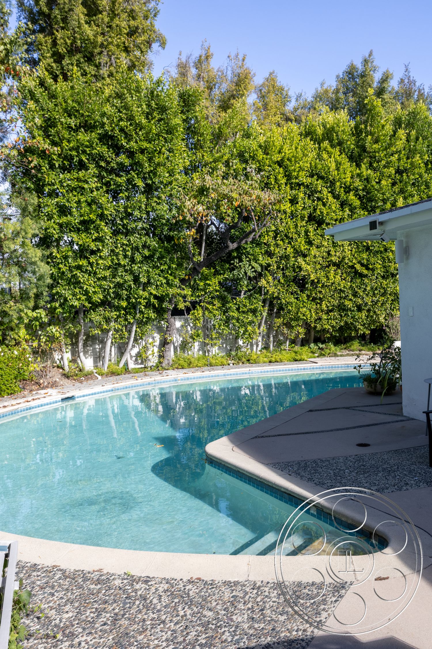 MCM 27 - shaded seating area, textured concrete patio, sunny outdoor space, curved swimming pool, landscaped garden setting, concrete steps leading to pool, concrete pool border, exterior pool area, tropical garden environment, white stucco exterior wall, modern pool design, pebble stone patio flooring, tiled pool coping, lush greenery surrounding pool