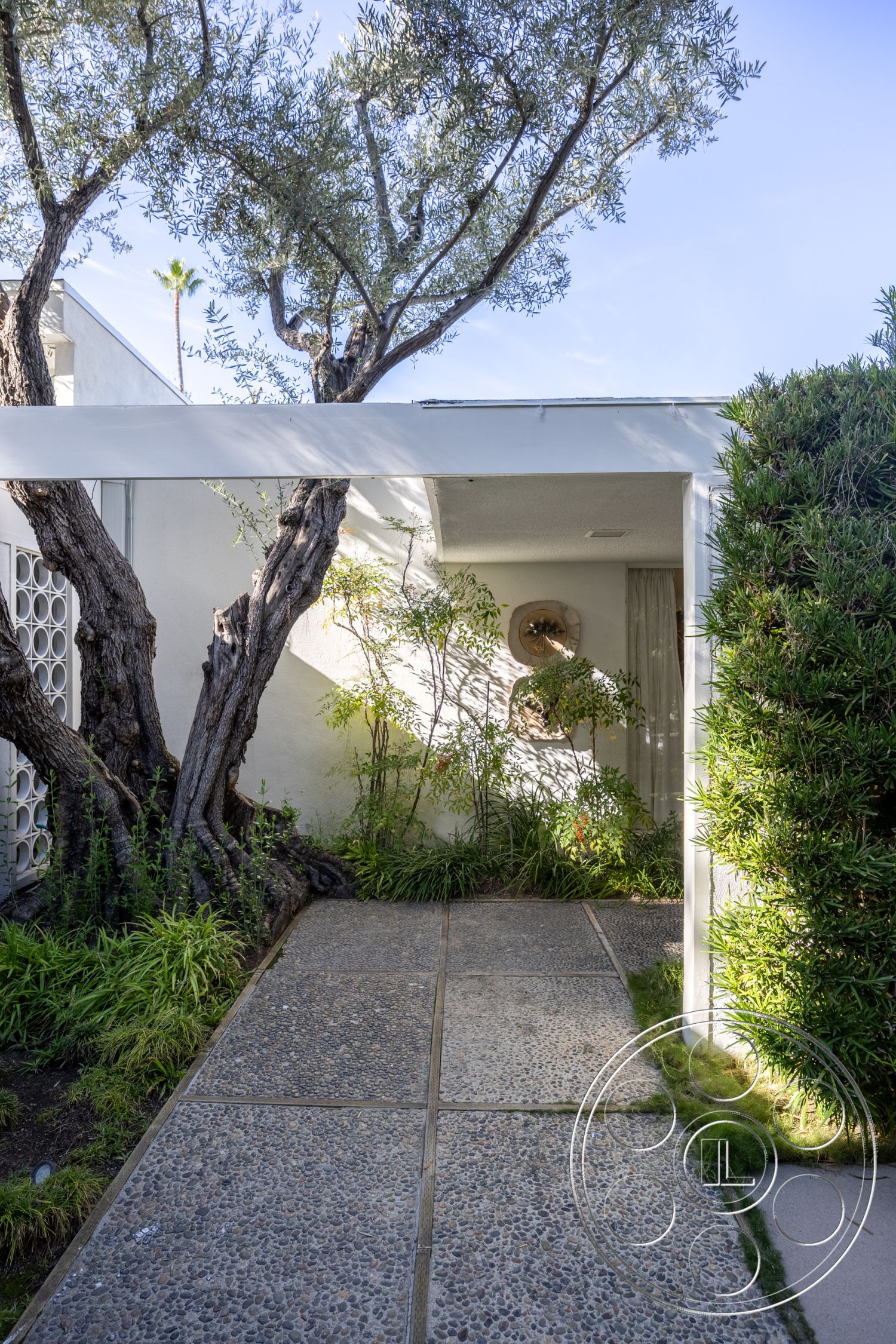 MCM 27 - natural stone accents, surrounding greenery, sunlight filtering through foliage, textured concrete surface, landscaped garden area, contemporary outdoor living space, exterior concrete pathway, minimalist architectural elements, exposed aggregate concrete walkways, modern white stucco walls, integrated natural landscaping, softly curved tree branches, eco-friendly landscape design, small urban garden, residential entryway with plants