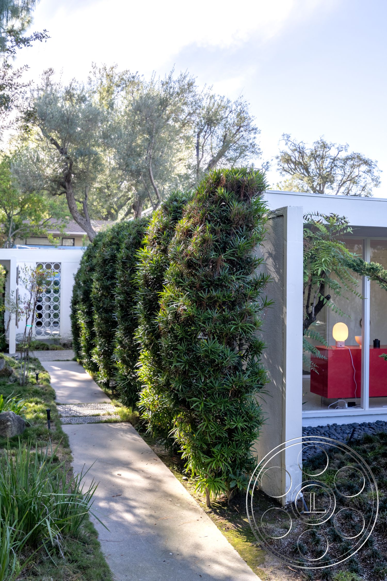 MCM 27 - concrete walkway, exterior landscape design, softscape landscaping, open-air entryway, textured grass lawn, vertical garden hedge, modern outdoor pathway, minimalist home entry, gravel garden border, architectural planters, contemporary home setting, lush green vegetation