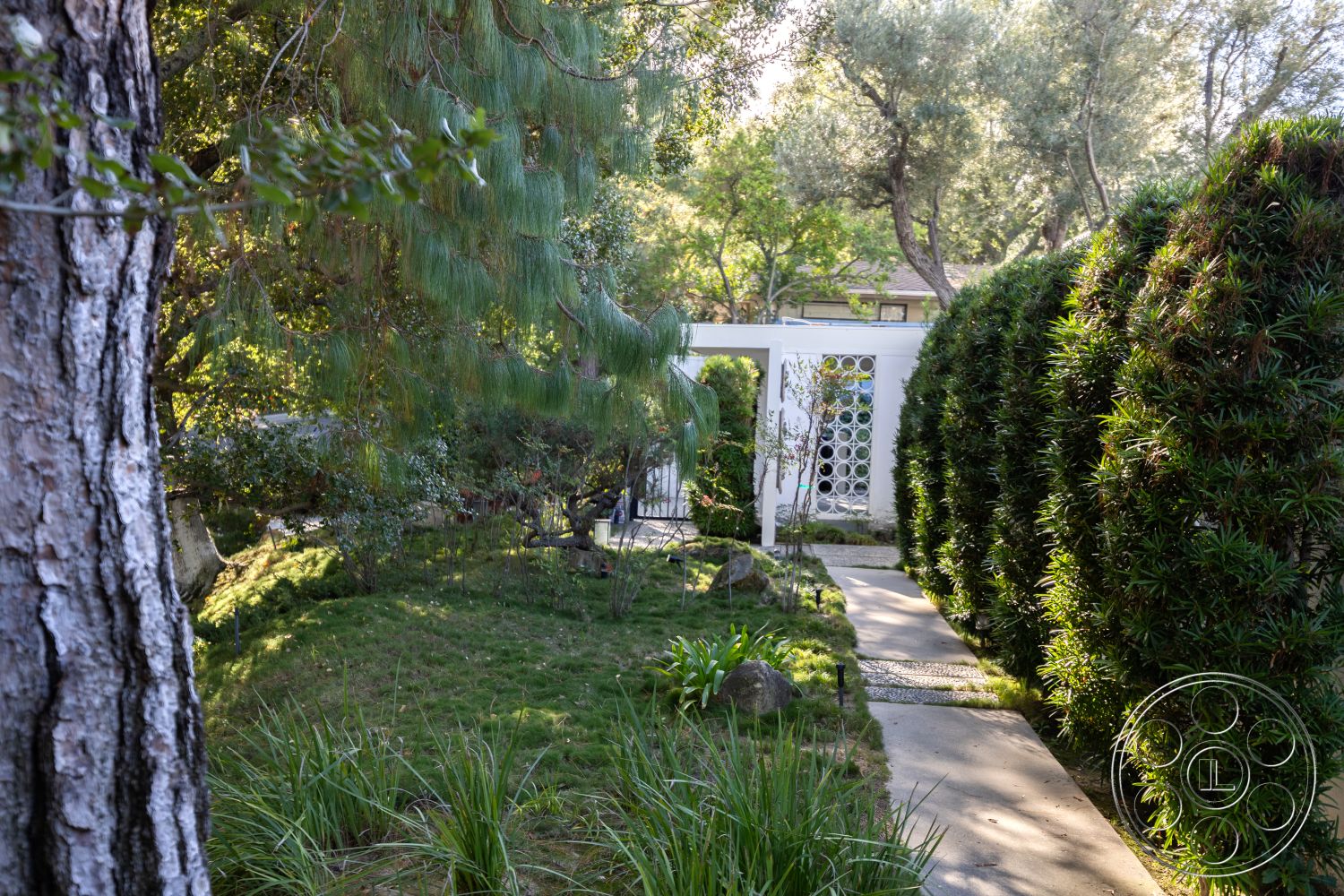 MCM 27 - concrete pathway, exterior landscaping, gravel garden path, decorative stone accents, low-maintenance shrubs, natural stone boulders, exposed aggregate concrete, seasonal flowering plants, wooden fence panels, tree canopy shading, ornamental garden plants, lawn area landscaping, modern garden gate, linear planting beds, tall privacy hedges, decorative garden borders