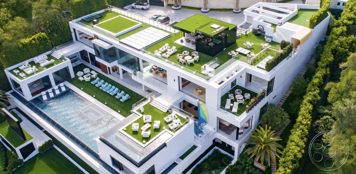 Modern 518 - exterior, modern outdoor furniture, rectangular swimming pool, floor-to-ceiling windows, contemporary architectural style, steel and glass balcony railings, white stucco exterior walls, flat rooftop terrace, landscaped garden with palm trees, concrete swimming pool with glass wall, synthetic grass patio seating area, framed glass sliding doors, open-air rooftop lounge, multiple outdoor seating areas, luxury outdoor spaces, multi-level home design