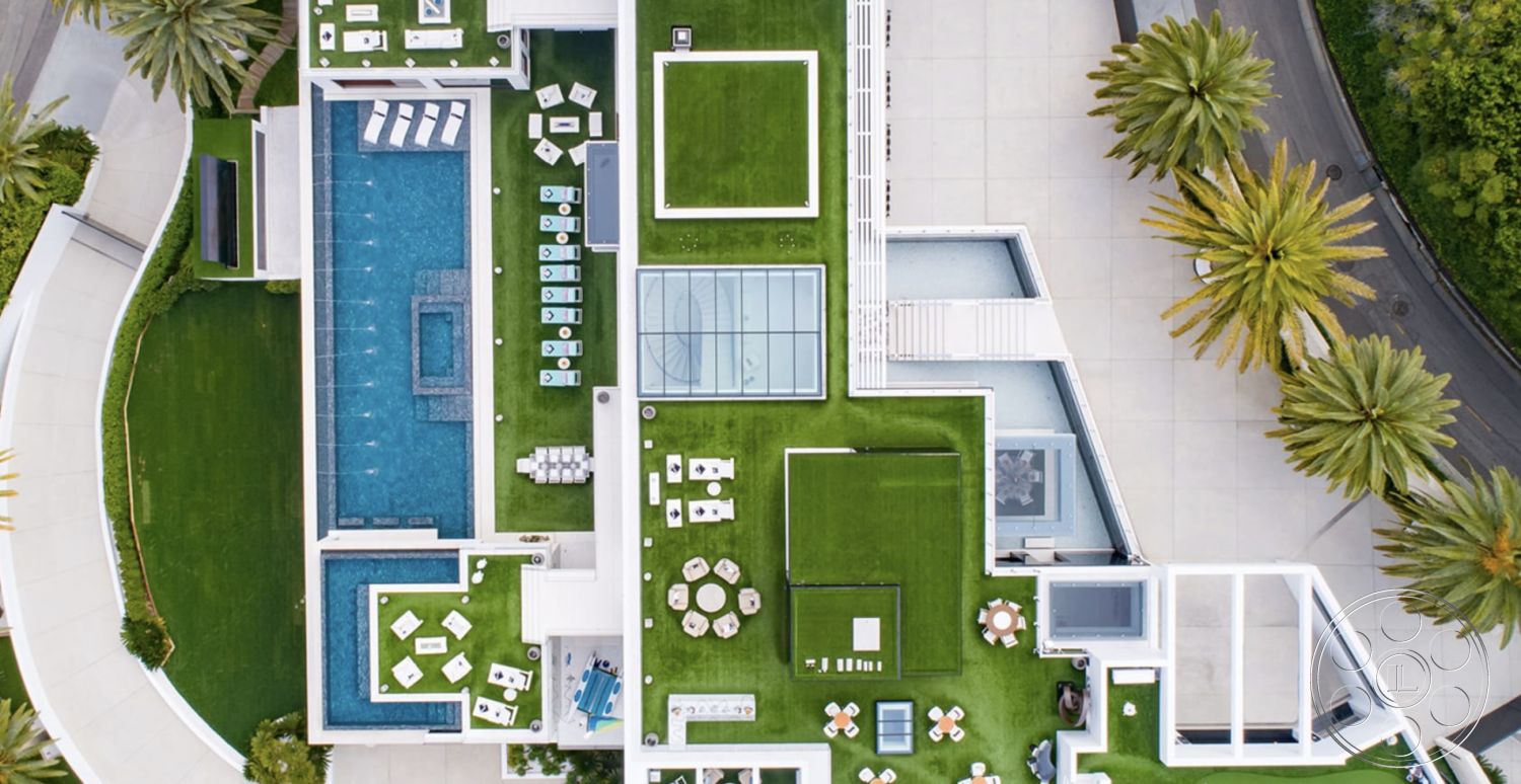 Modern 518 - exterior concrete pool border, exterior landscaped garden area, exterior sliding glass doors, exterior modern architectural style, exterior outdoor lounge area, exterior glass railing, exterior circular driveway, exterior concrete patio flooring, exterior tile pool deck, exterior rectangular swimming pool, exterior grass landscaping, exterior palm tree landscaping, exterior stone firepit area, exterior metal pergola, exterior built-in outdoor seating, exterior sun deck with seating