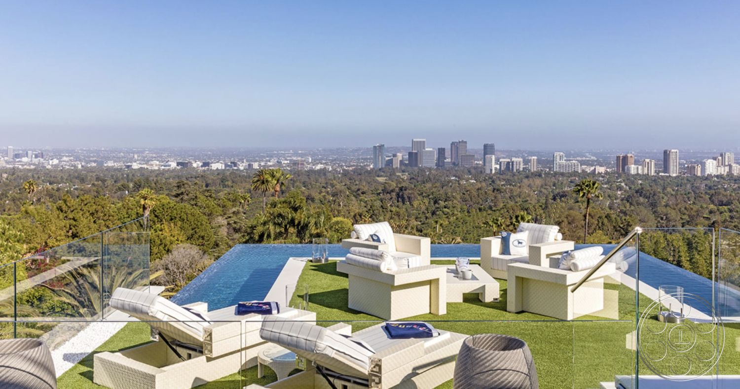 Modern 518 - contemporary outdoor living space, open-air entertainment area, infinity pool with glass edge, outdoor lounge chairs with UV-resistant fabric, artificial grass patio flooring, glass railing terrace with city skyline view, rectangular infinity pool design, modern furniture in light-colored synthetic material, panoramic view of urban landscape, landscaped gardens with palm trees, applicable for hillside location, exterior space for relaxation and socializing