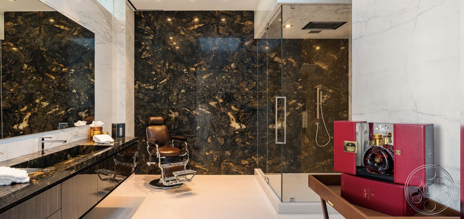 Modern 518 - interior recessed ceiling lighting, interior marble bathroom walls, interior glass shower doors, interior polished marble vanity countertop, interior black vein marble feature wall, interior floating sink with black cabinetry, interior modern chrome shower fixtures, interior luxury grooming chair, interior minimalistic bathroom design, interior sleek tile flooring