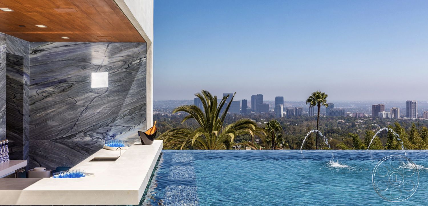 Modern 518 - interior floor-to-ceiling windows, interior kitchen with marble backsplash, interior wood ceiling beams, exterior infinity pool with city skyline view, interior concrete countertop bar, exterior glass partition with mountain backdrop, exterior landscaped garden with palm trees, interior recessed lighting in kitchen, interior open floor plan living room, exterior minimalist patio design, interior polished stone flooring, exterior infinity edge pool design, interior custom cabinetry in kitchen, exterior outdoor lighting fixtures, exterior panoramic city view, interior luxury home bar setup, exterior water feature with fountains