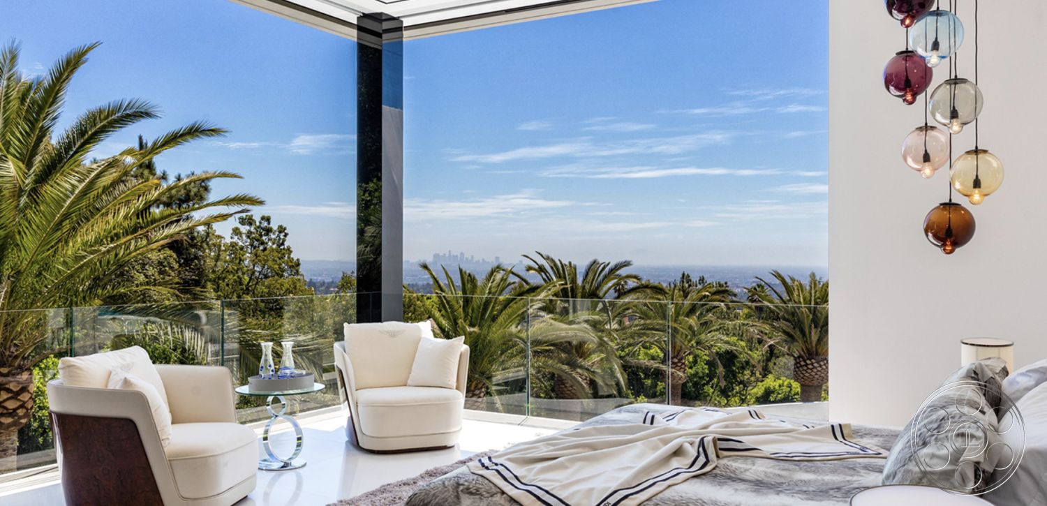 Modern 518 - minimalist design, contemporary decor, open floor plan, floor-to-ceiling windows, smooth concrete flooring, textured throw blanket, luxury bedroom, wood accent table, glass pendant light fixture, white painted walls, panoramic city skyline view, natural light infusion, modern glass wall, curved armchairs, tropical palm tree view, California modern style, sleek furniture lines, elegant bedroom atmosphere, indoor-outdoor living concept, private retreat setting